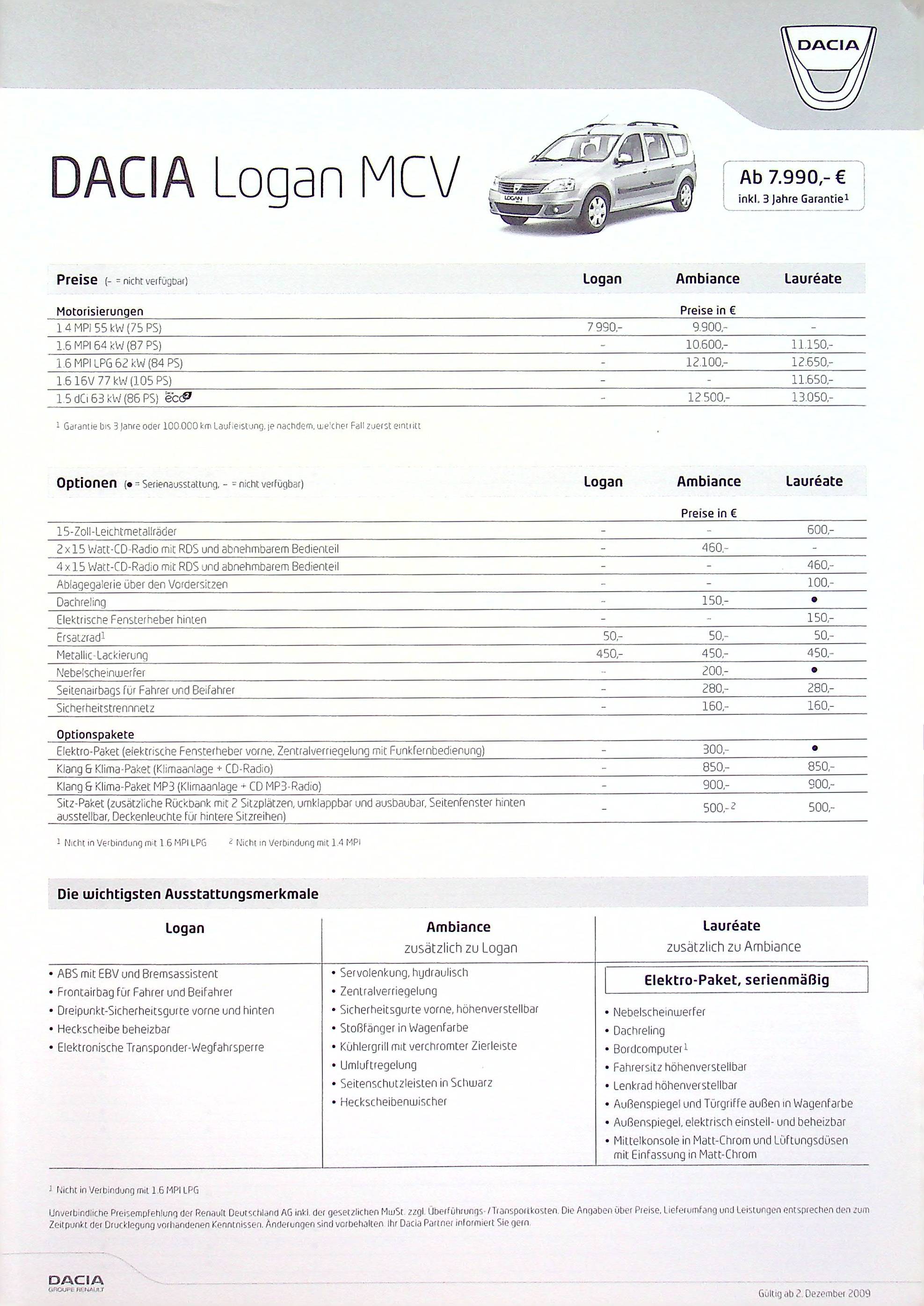 Dacia Logan MCV - Preisliste & Extras - Prospekt 12/2009
