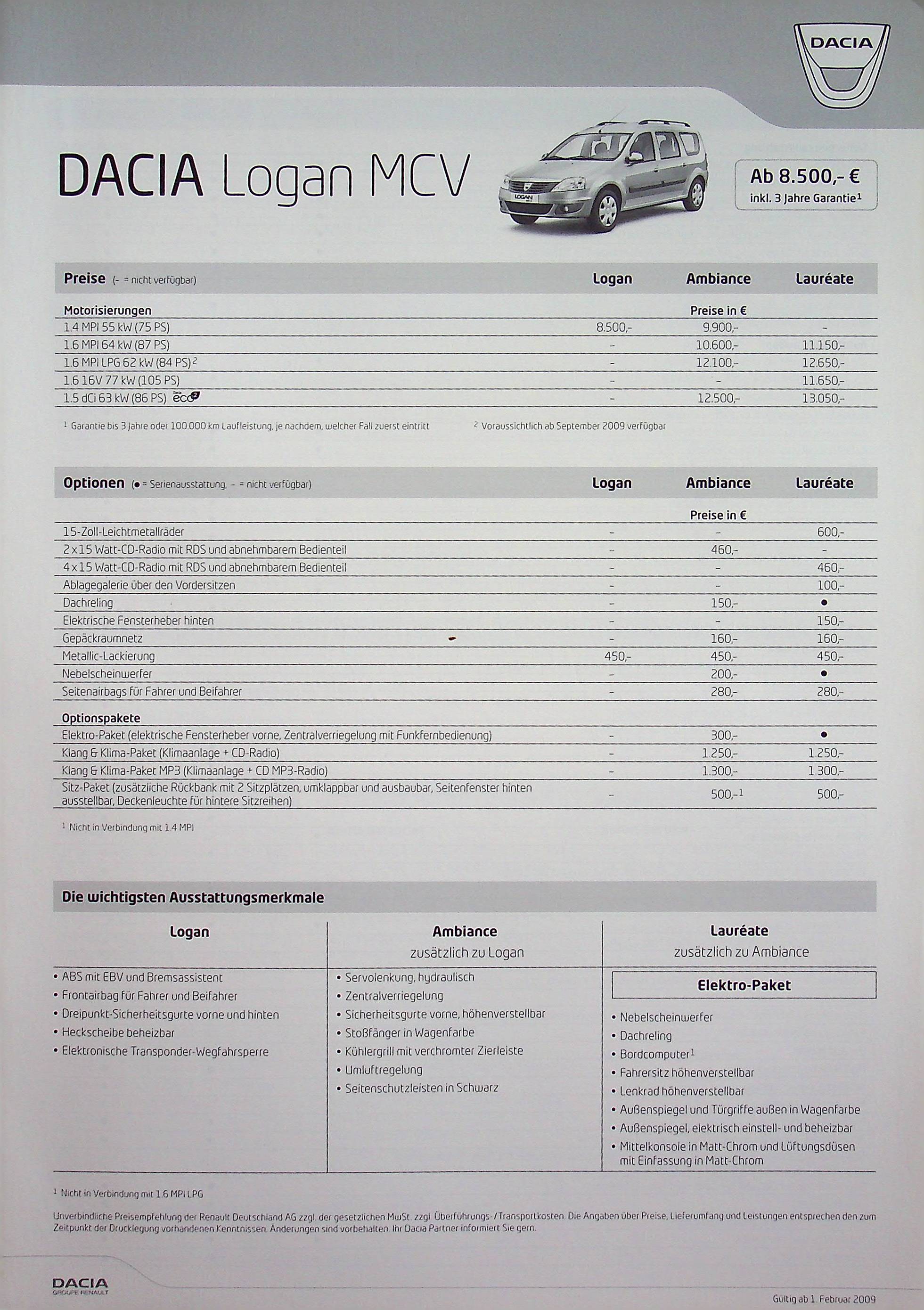 Dacia Logan MCV - Preisliste & Extras - Prospekt 02/2009