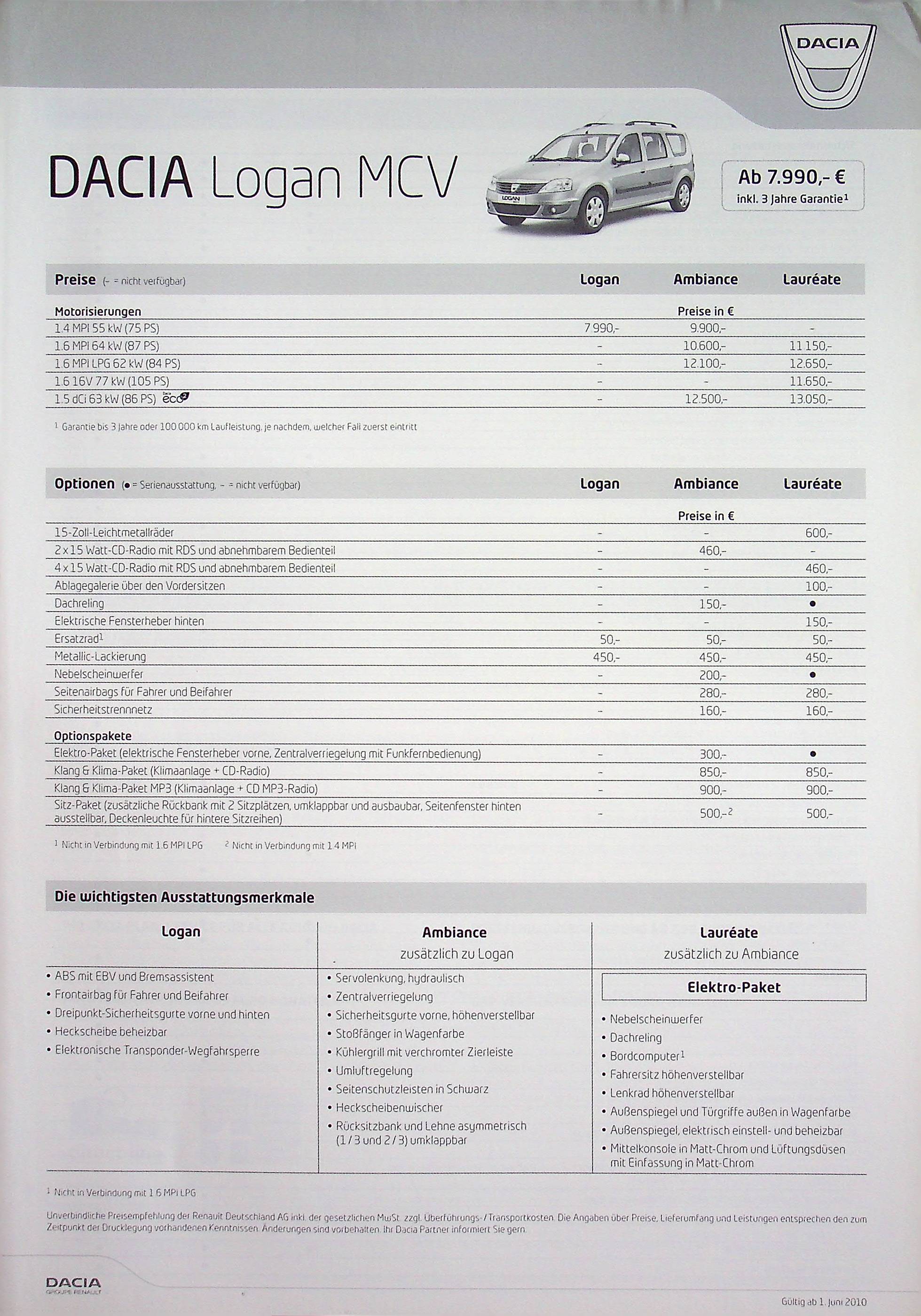 Dacia Logan MCV - Preisliste & Extras - Prospekt 06/2010