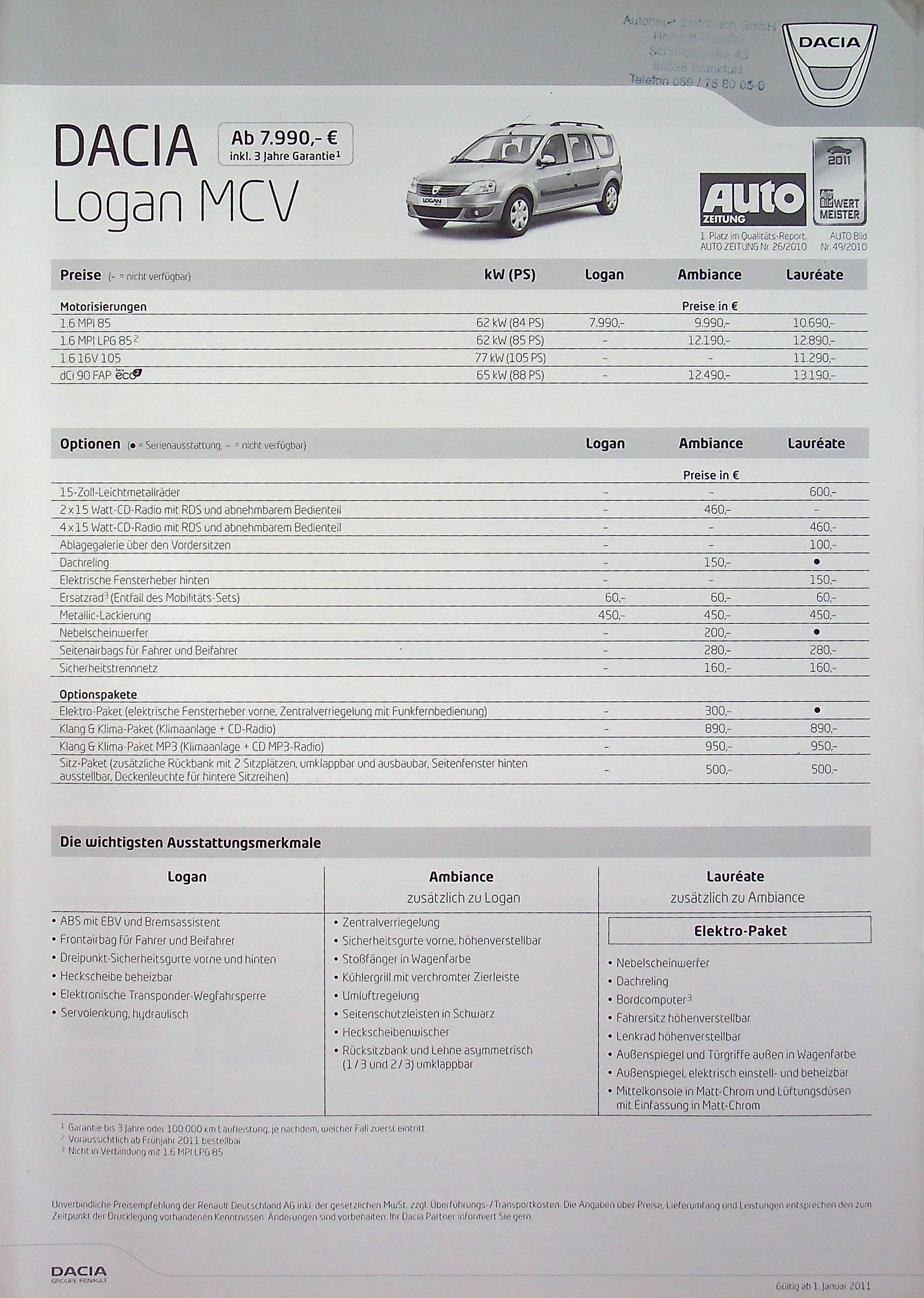 Dacia Logan MCV - Preisliste & Extras - Prospekt 01/2011