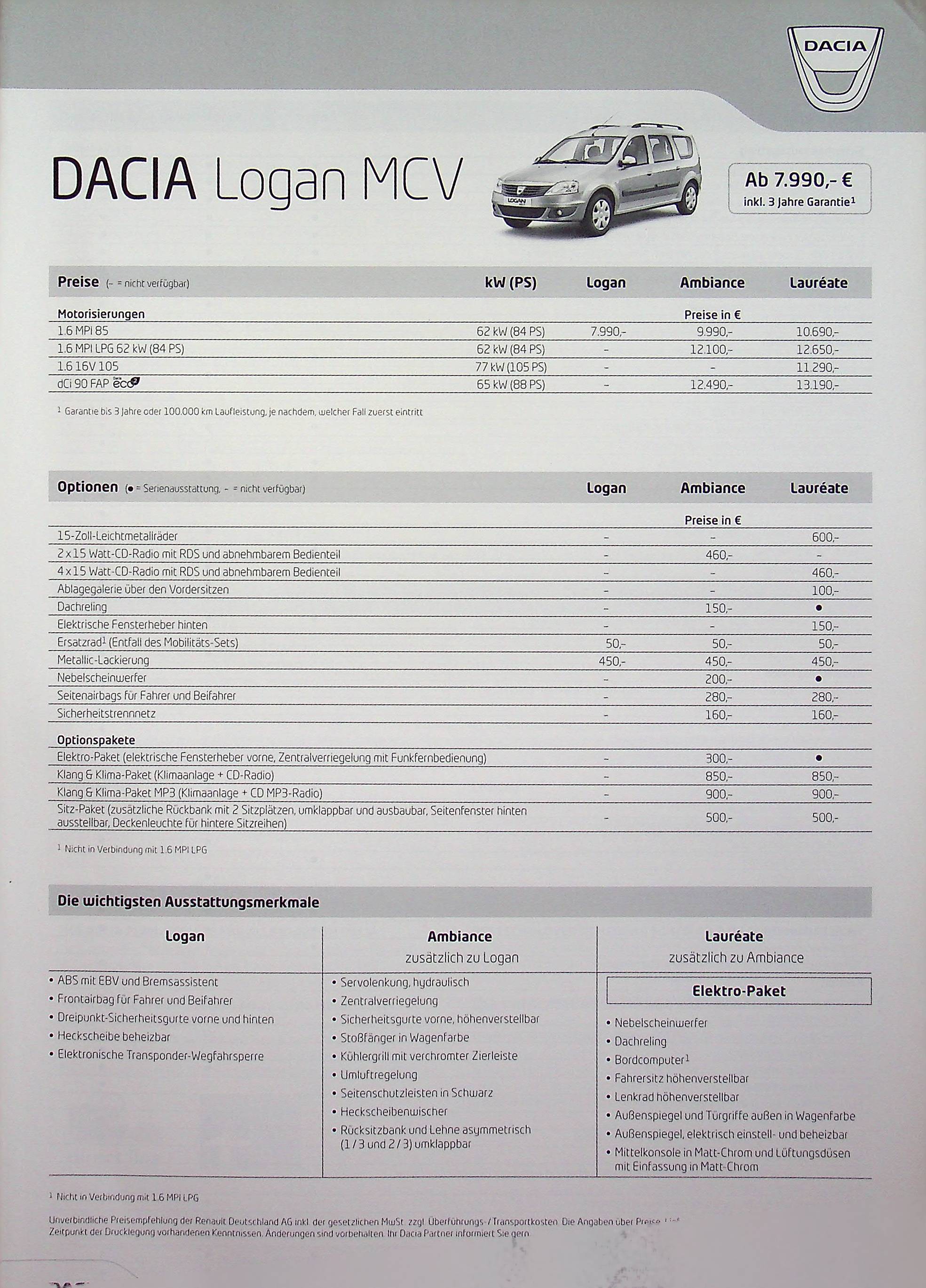 Dacia Logan MCV - Preisliste & Extras - Prospekt 11/2010
