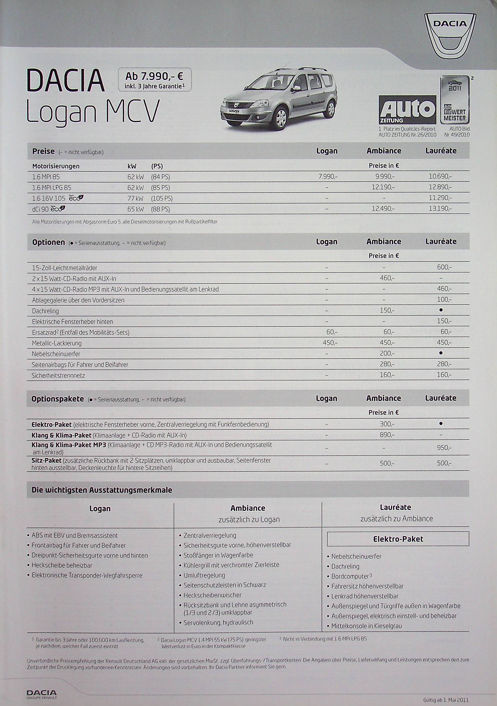 Dacia Logan MCV - Preisliste & Extras - Prospekt 05/2011