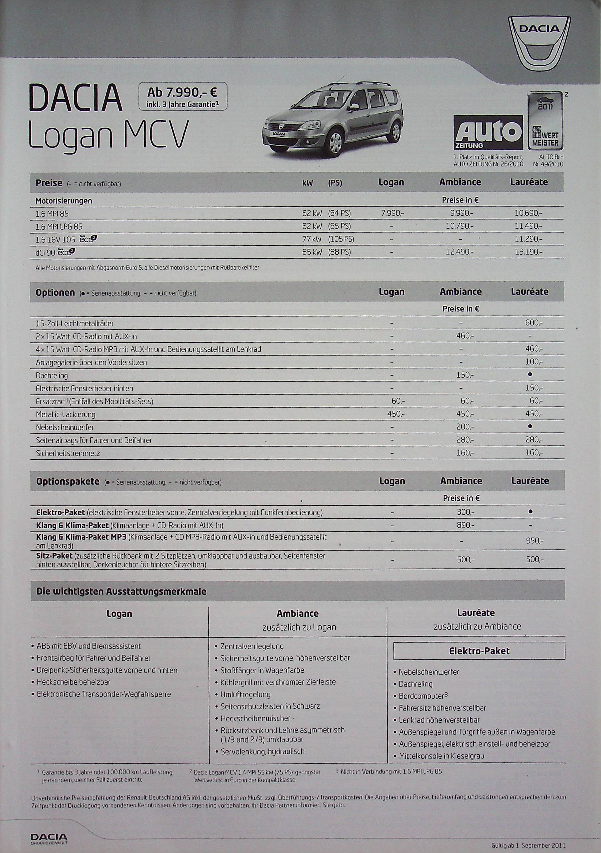 Dacia Logan MCV - Preisliste & Extras - Prospekt 09/2011