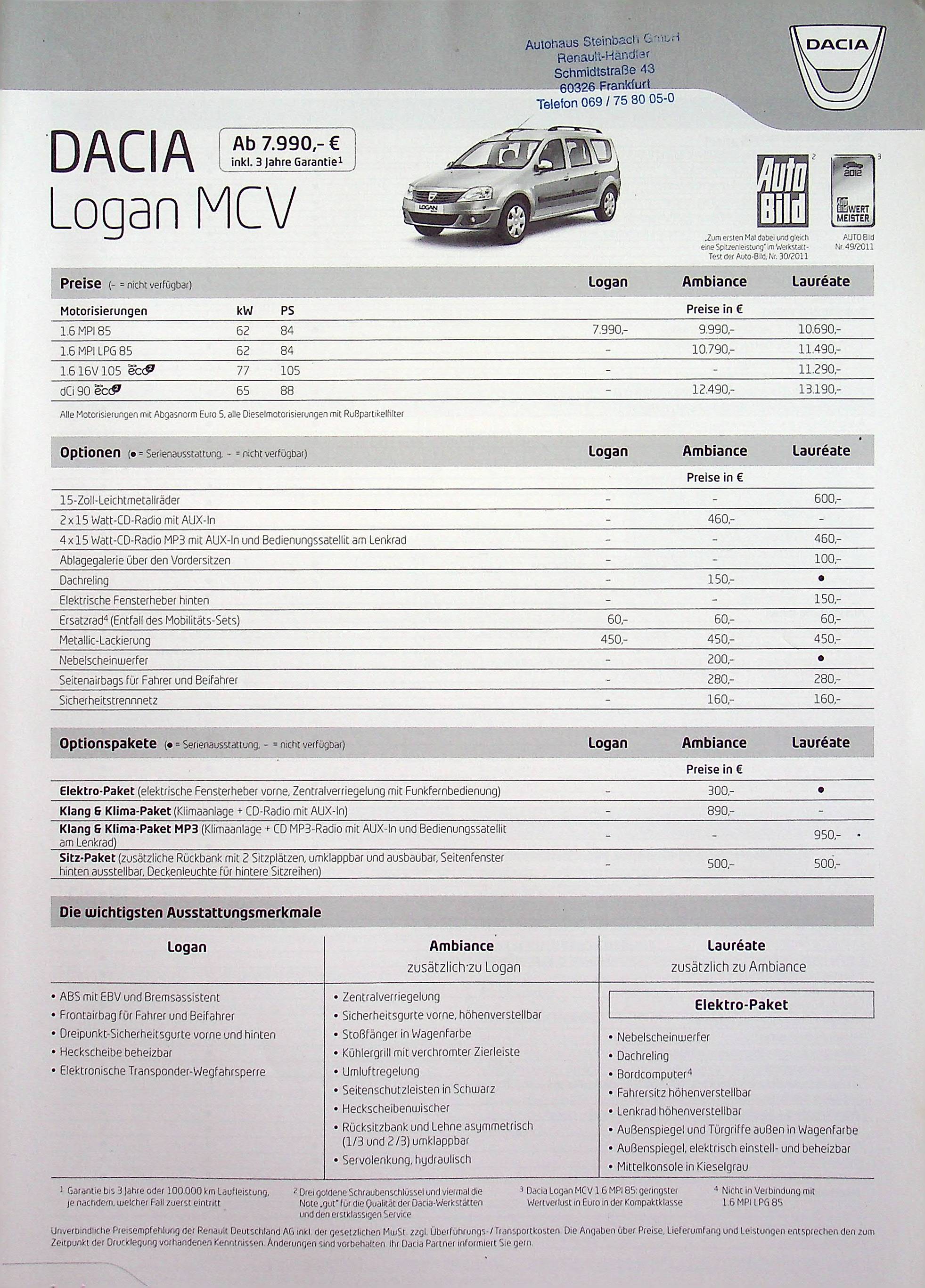 Dacia Logan MCV - Preisliste & Extras - Prospekt 01/2012