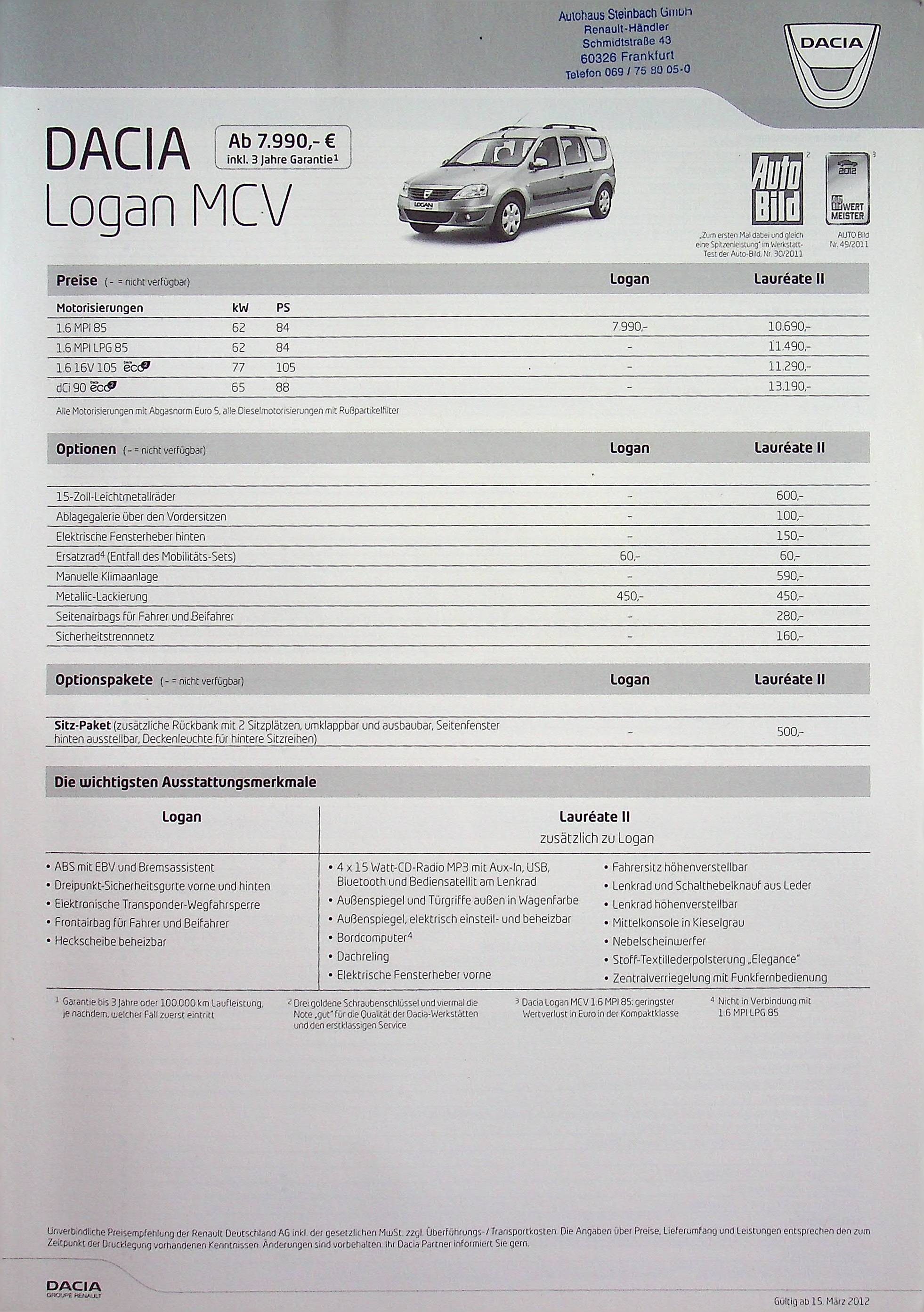 Dacia Logan MCV - Preisliste & Extras - Prospekt 03/2012
