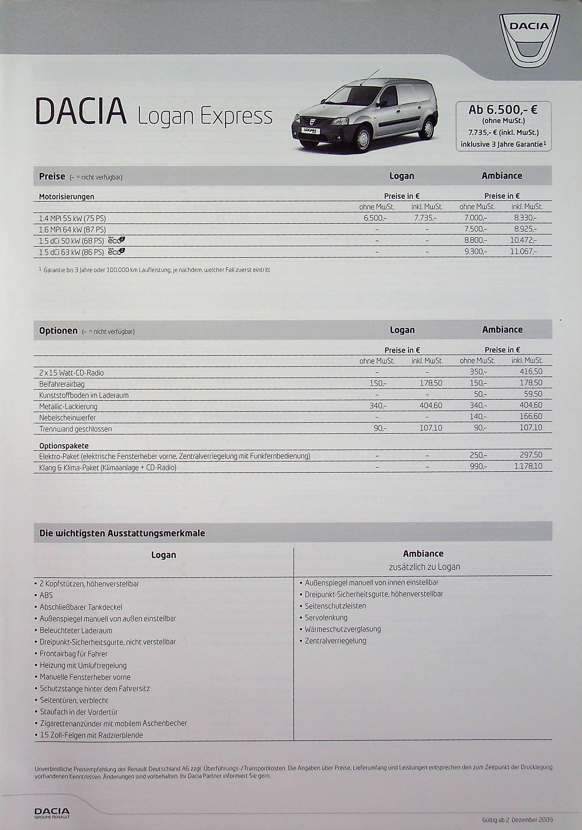 Dacia Logan Express - Preisliste & Extras - Prospekt 12/2009