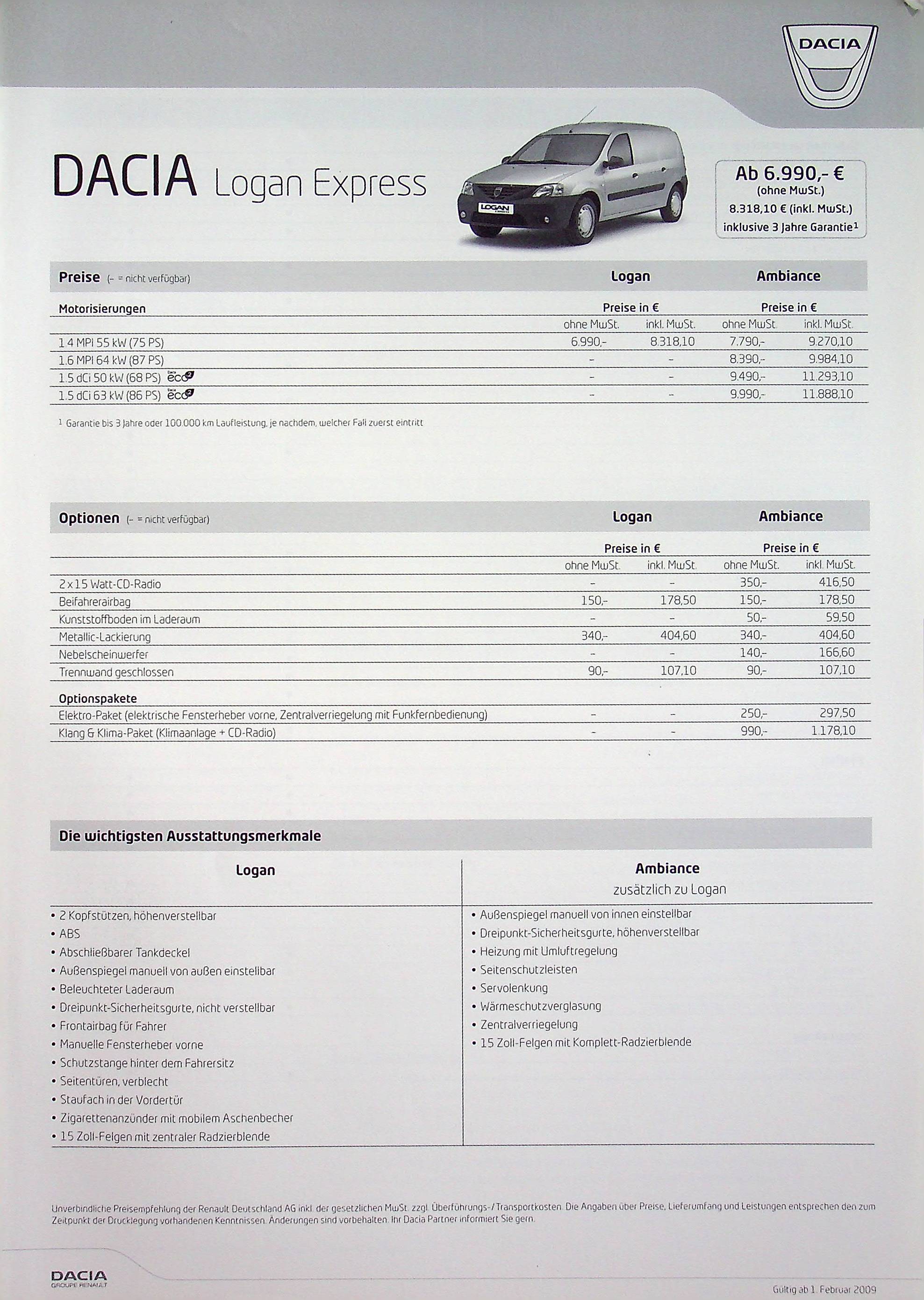 Dacia Logan Express - Preisliste & Extras - Prospekt 02/2009