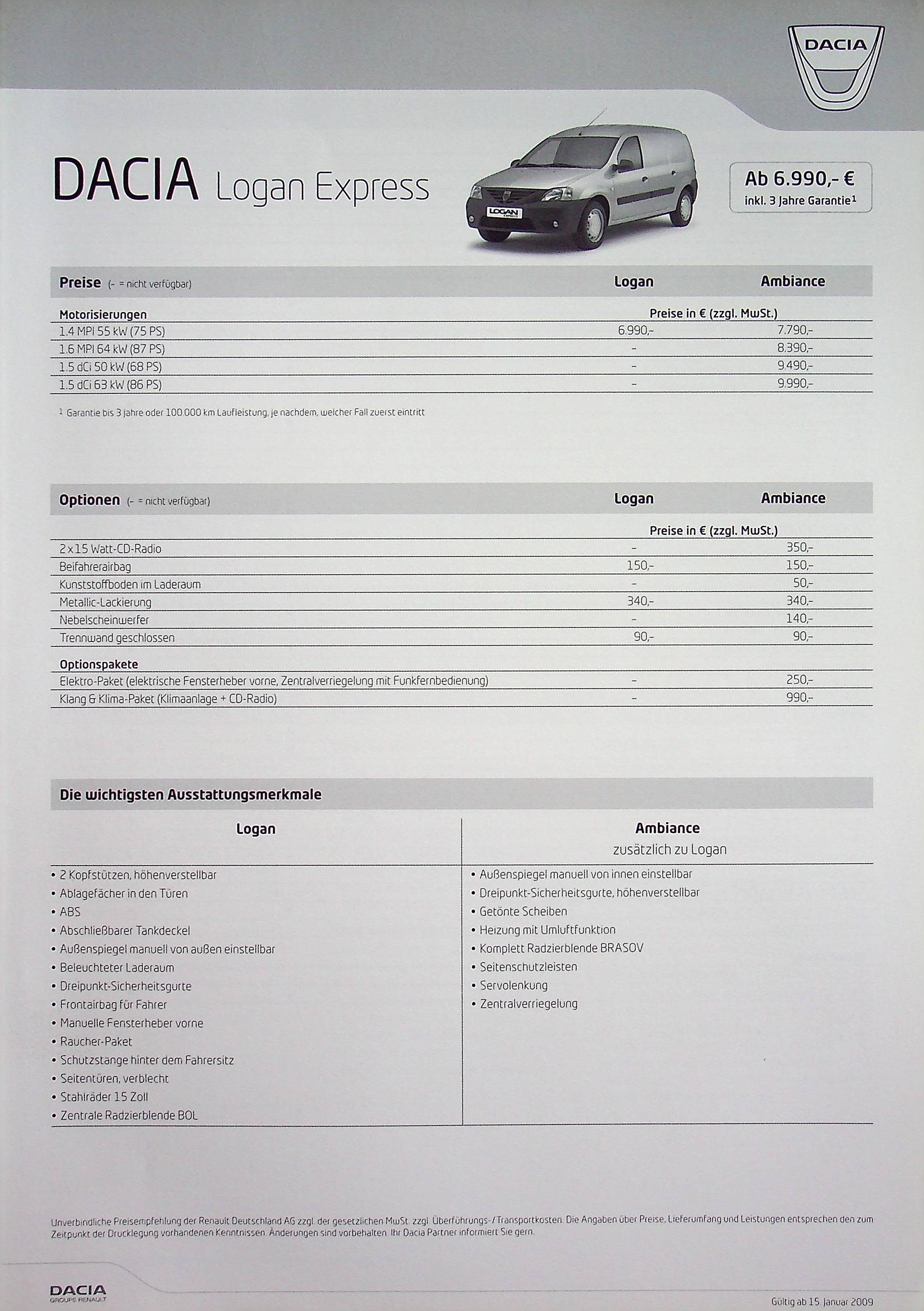 Dacia Logan Express - Preisliste & Extras - Prospekt 01/2009