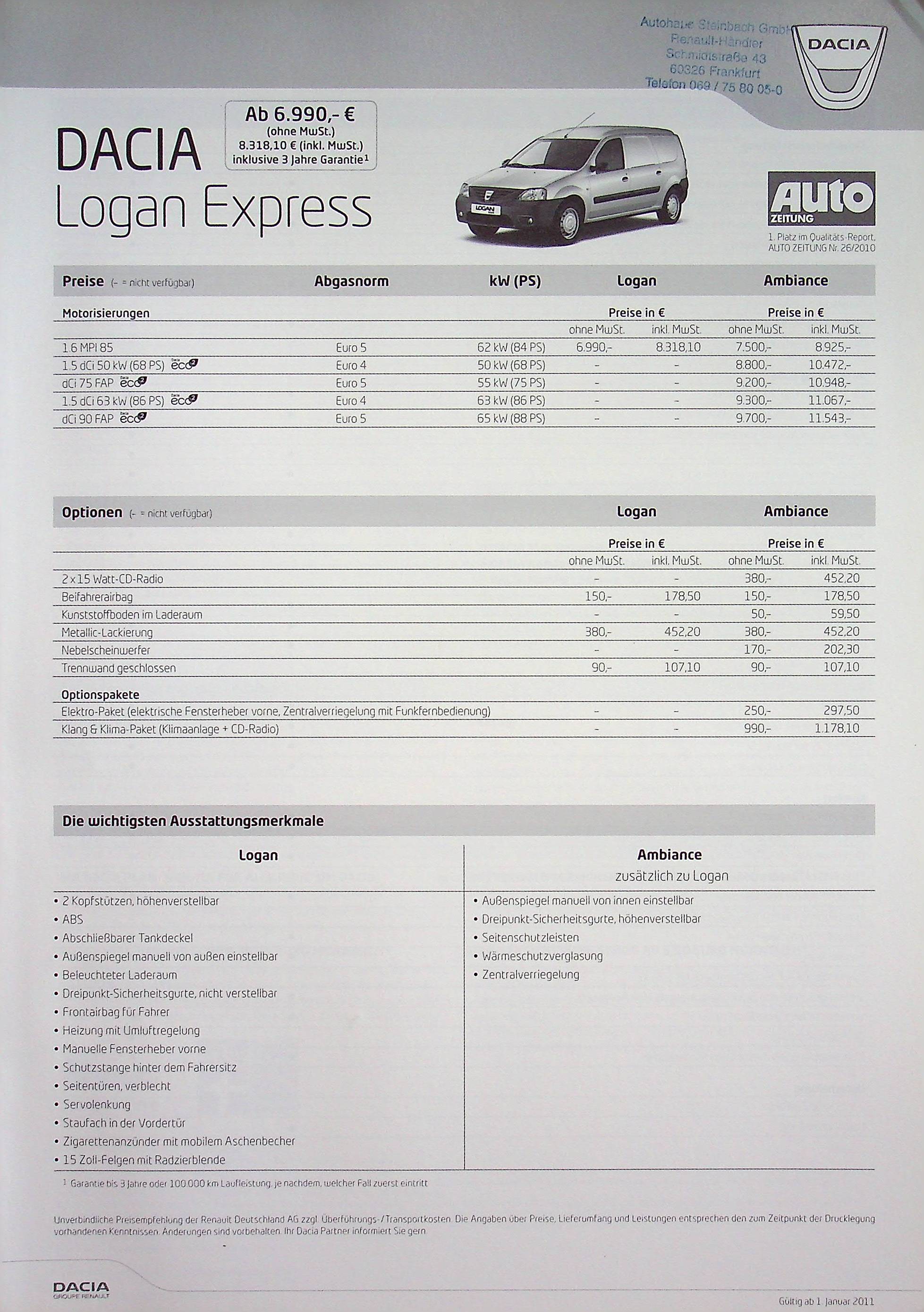Dacia Logan Express - Preisliste & Extras - Prospekt 01/2011
