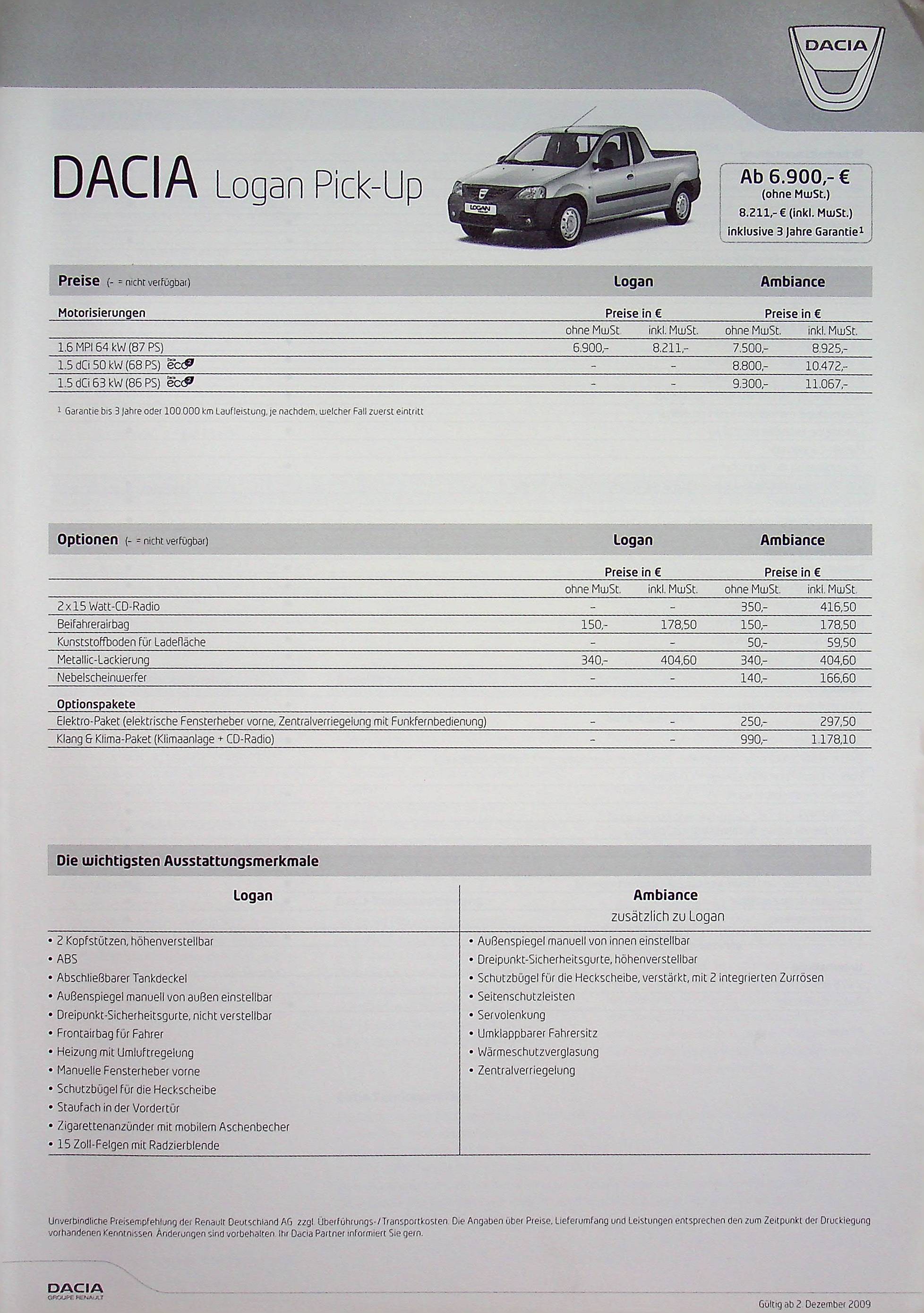 Dacia Logan Pick-Up - Preisliste & Extras - Prospekt 12/2009