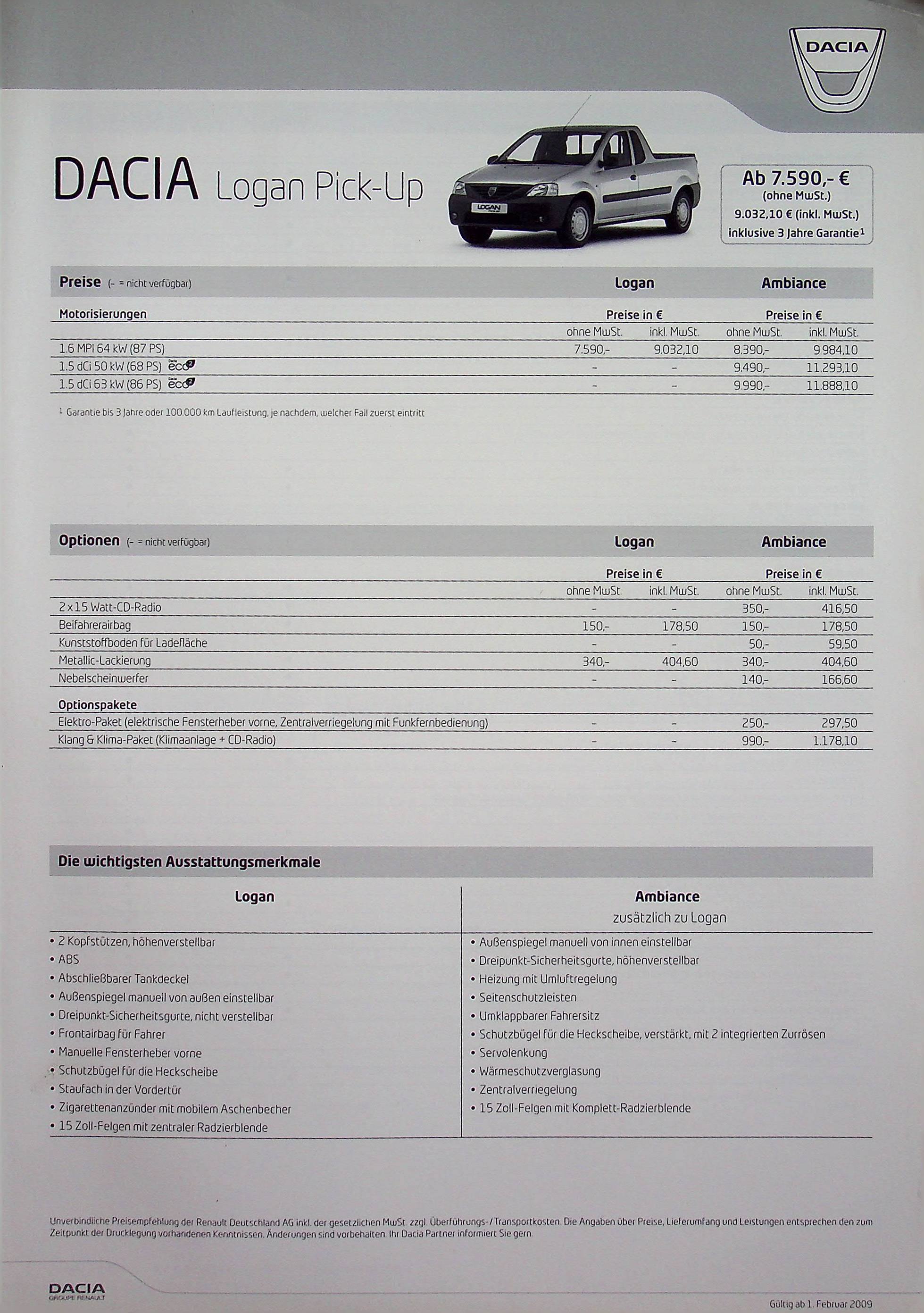 Dacia Logan Pick-Up - Preisliste & Extras - Prospekt 02/2009