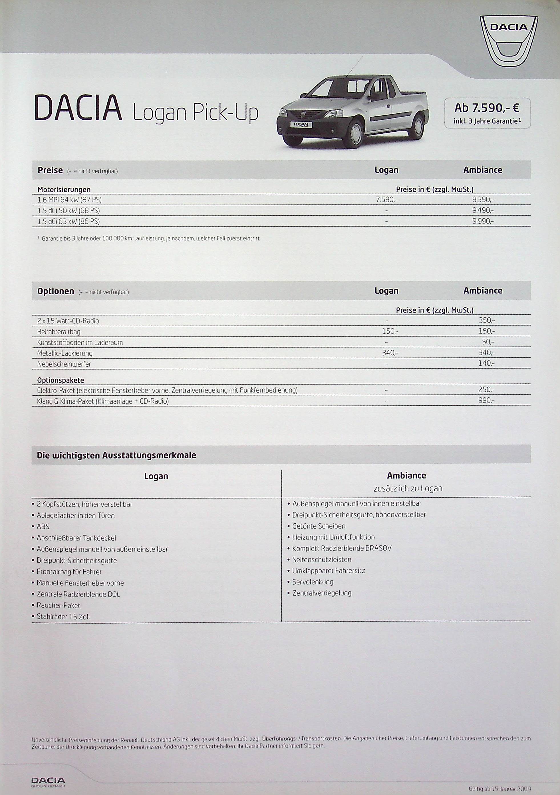 Dacia Logan Pick-Up - Preisliste & Extras - Prospekt 01/2009