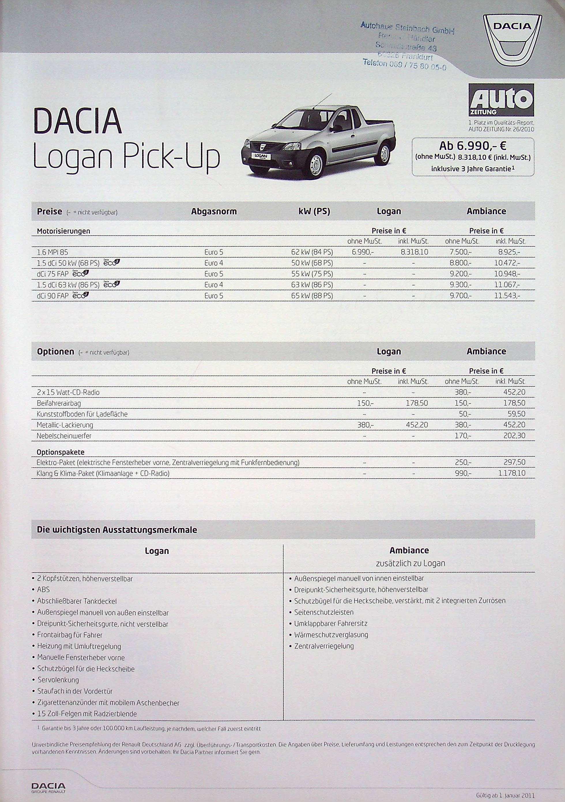 Dacia Logan Pick-Up - Preisliste & Extras - Prospekt 01/2011