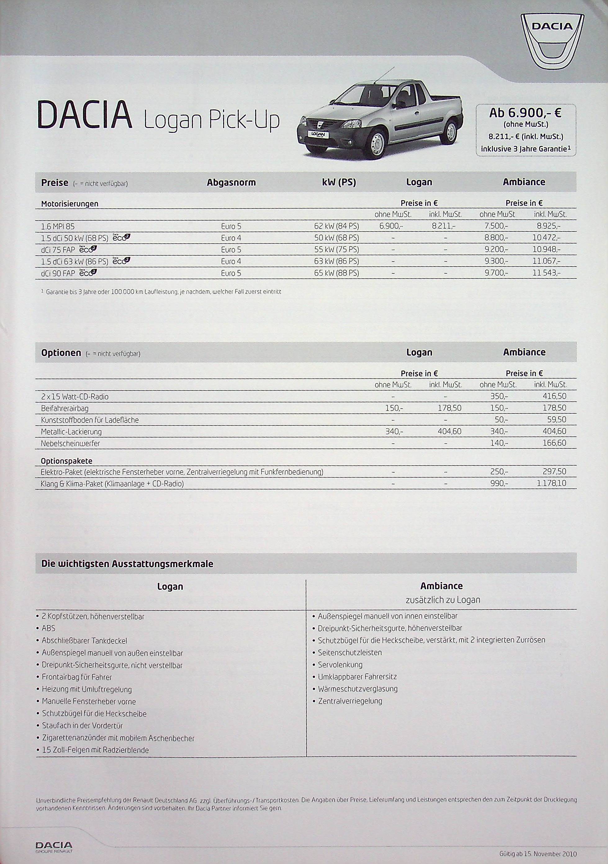 Dacia Logan Pick-Up - Preisliste & Extras - Prospekt 11/2010