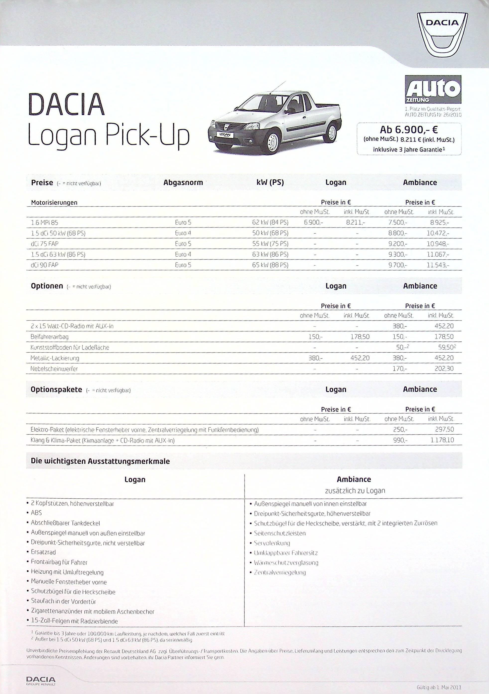 Dacia Logan Pick-Up - Preisliste & Extras - Prospekt 05/2011