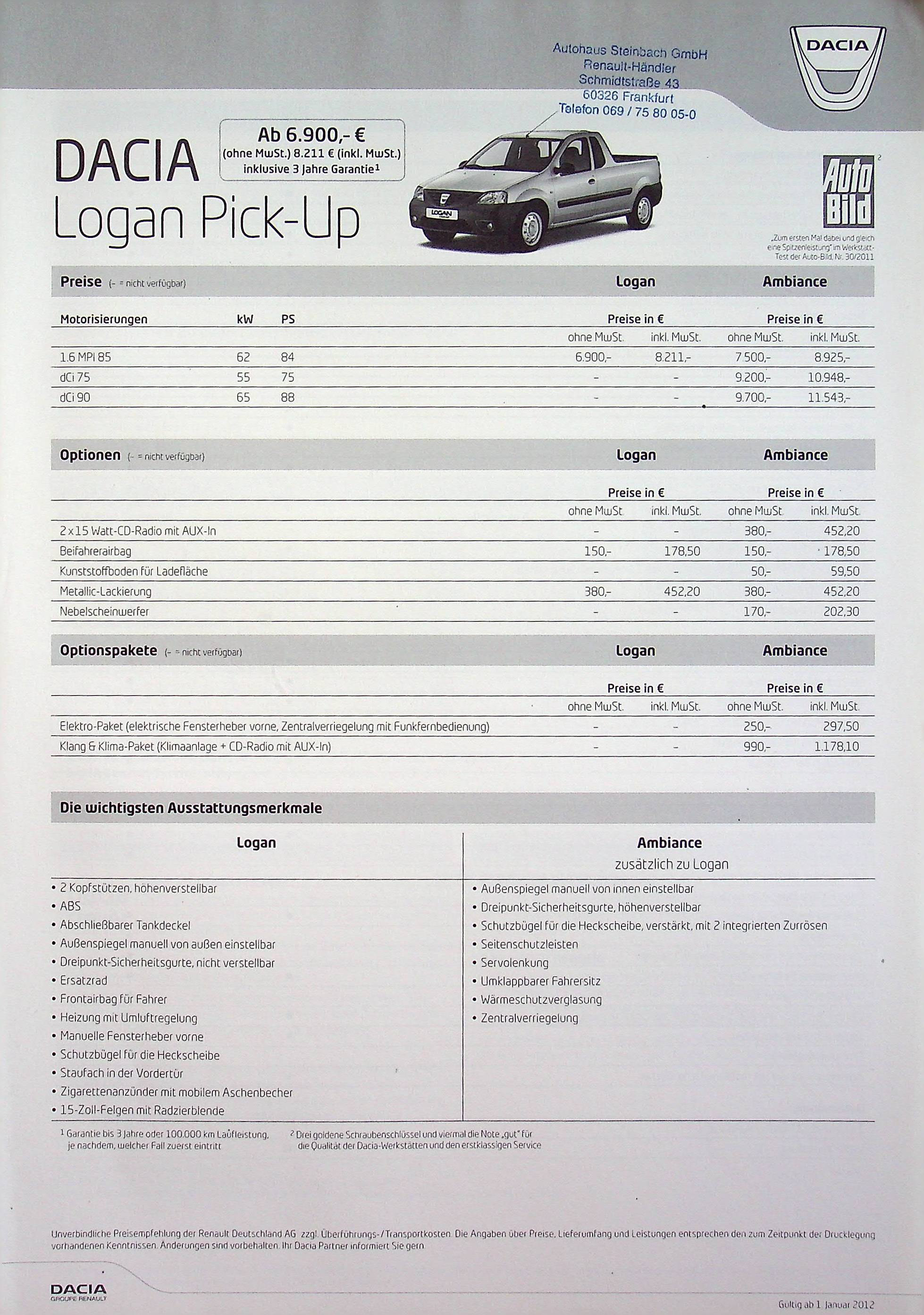 Dacia Logan Pick-Up - Preisliste & Extras - Prospekt 01/2012