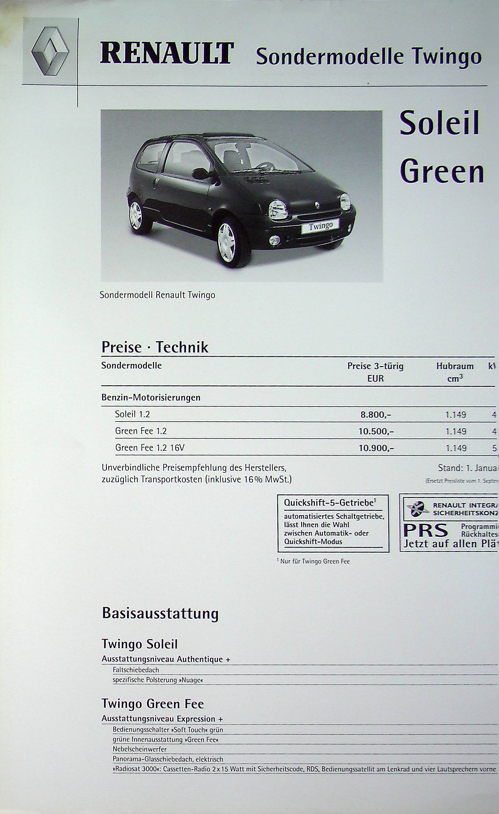 Renault Twingo - Green Fee - Preise & Extras - Prospekt 01/2002