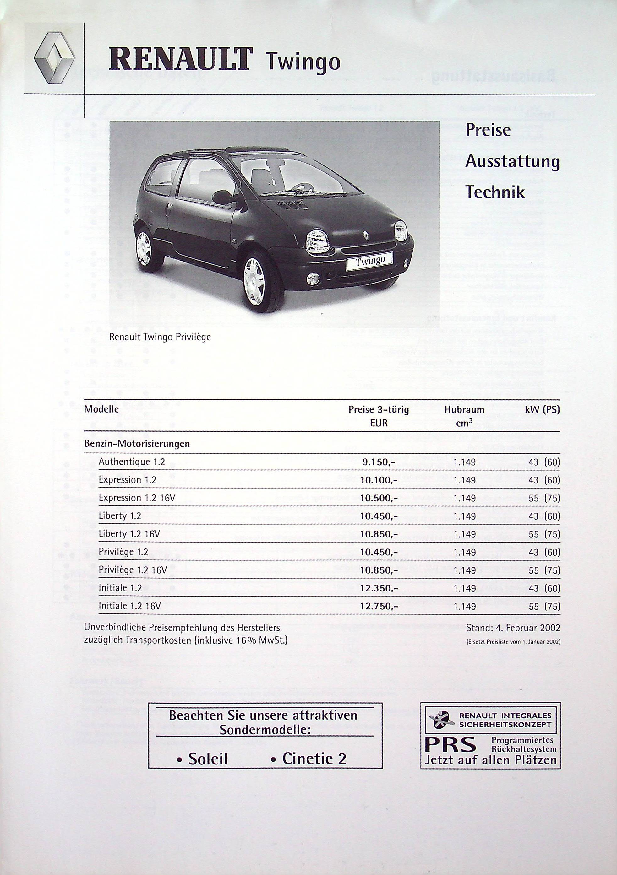 Renault Twingo - Preisliste & Extras - Prospekt 02/2002