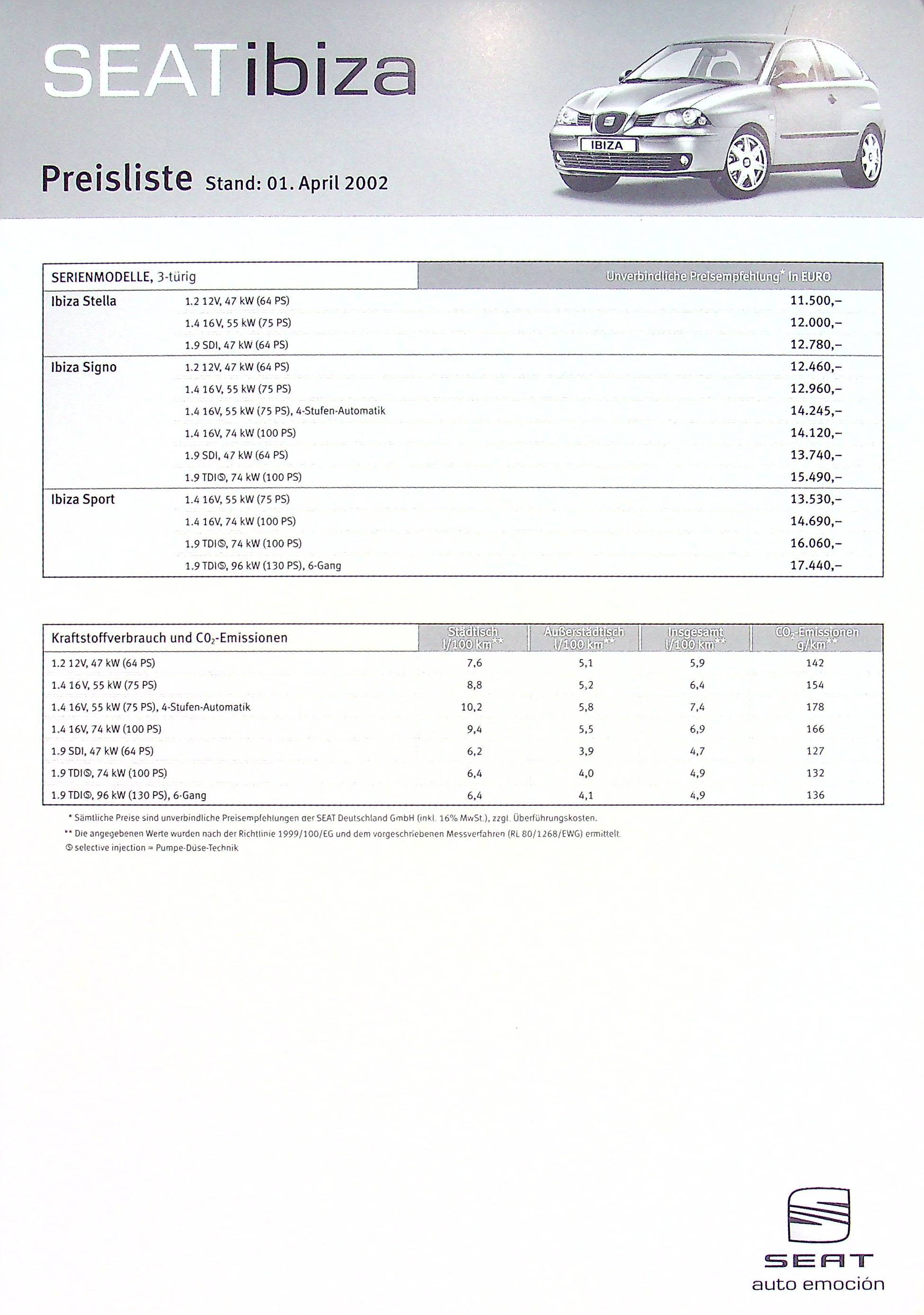 Seat Ibiza - Preisliste & Extras - Prospekt 04/2002