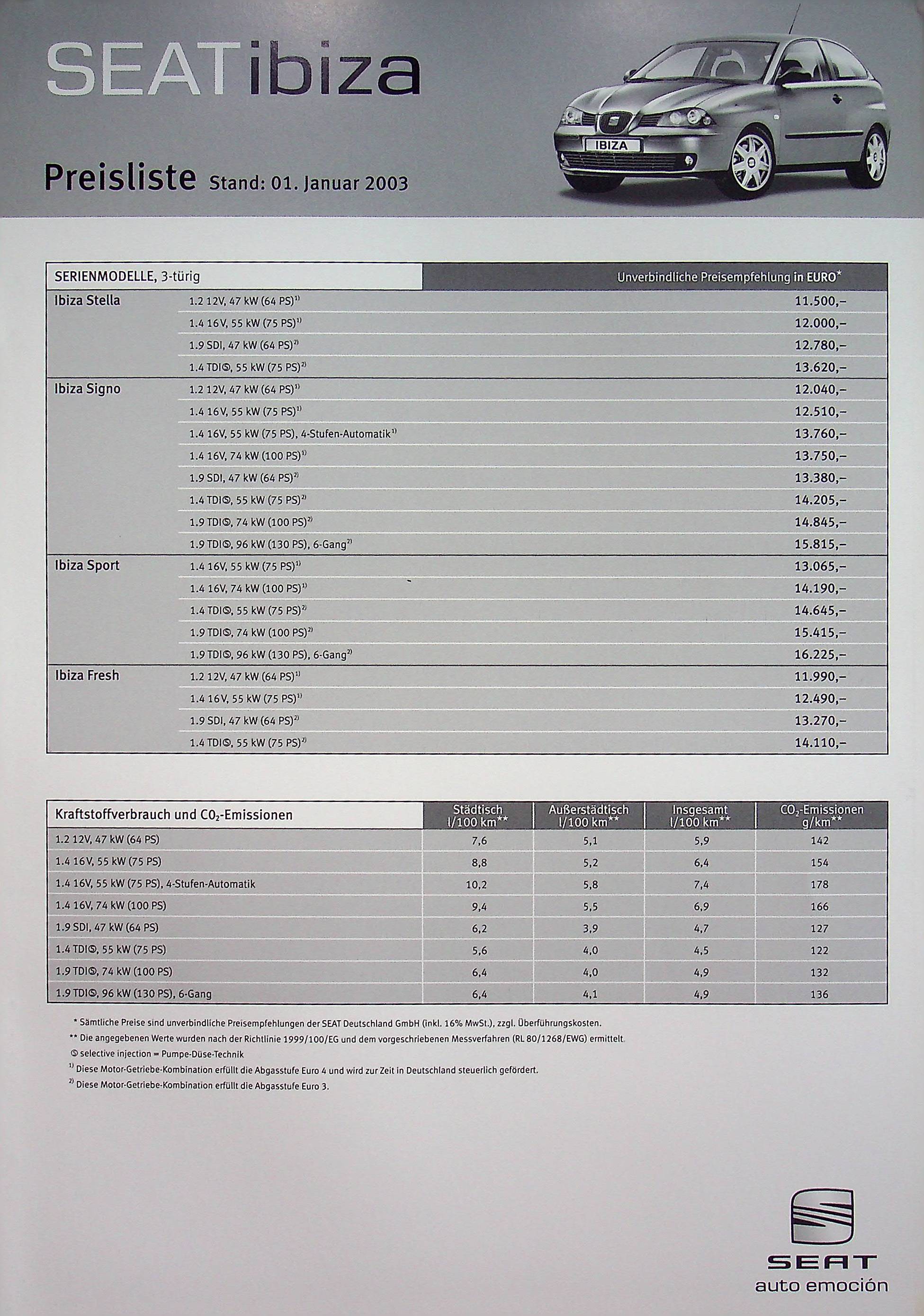 Seat Ibiza - Preisliste & Extras - Prospekt 01/2003