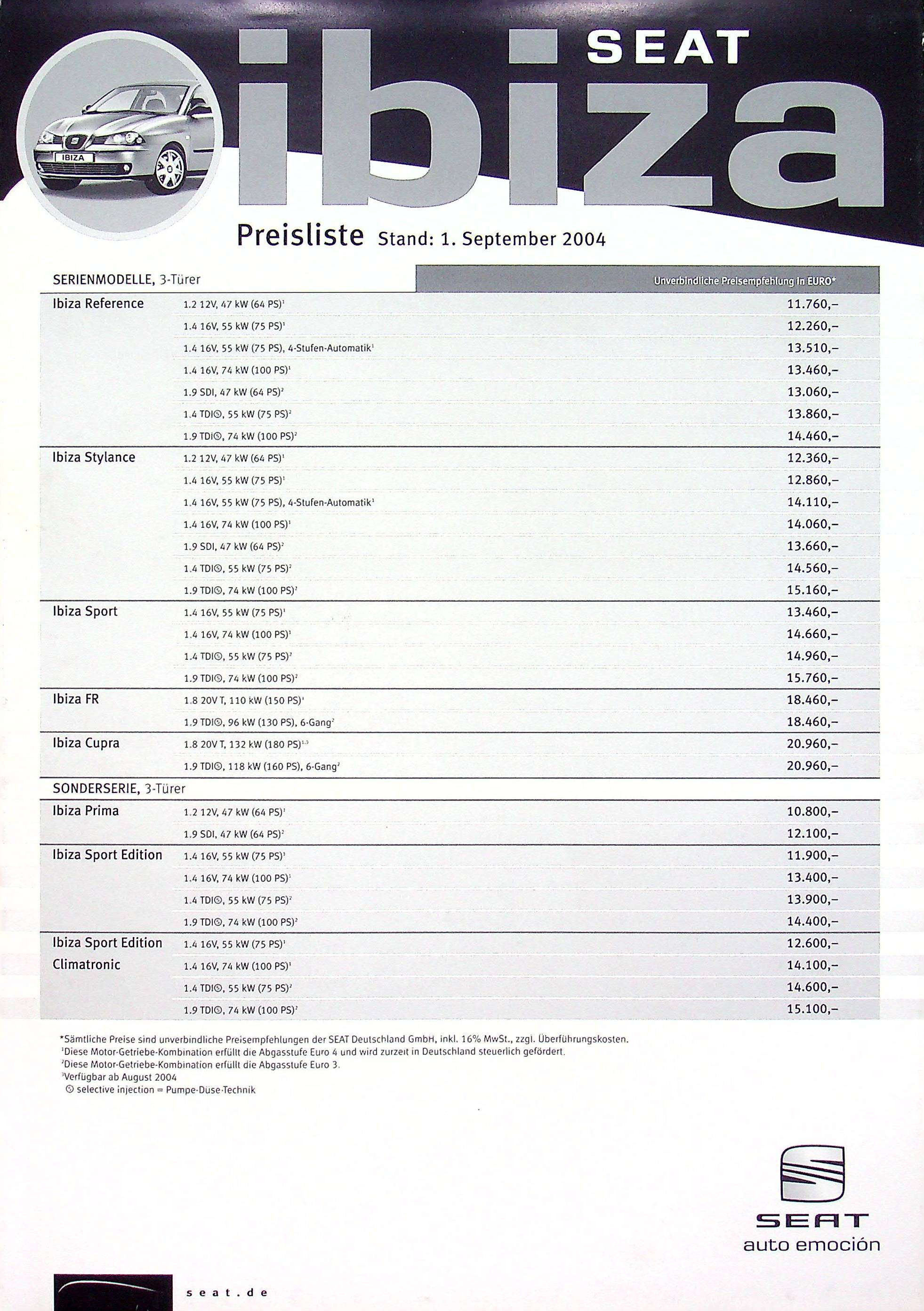 Seat Ibiza - Preisliste & Extras - Prospekt 09/2004