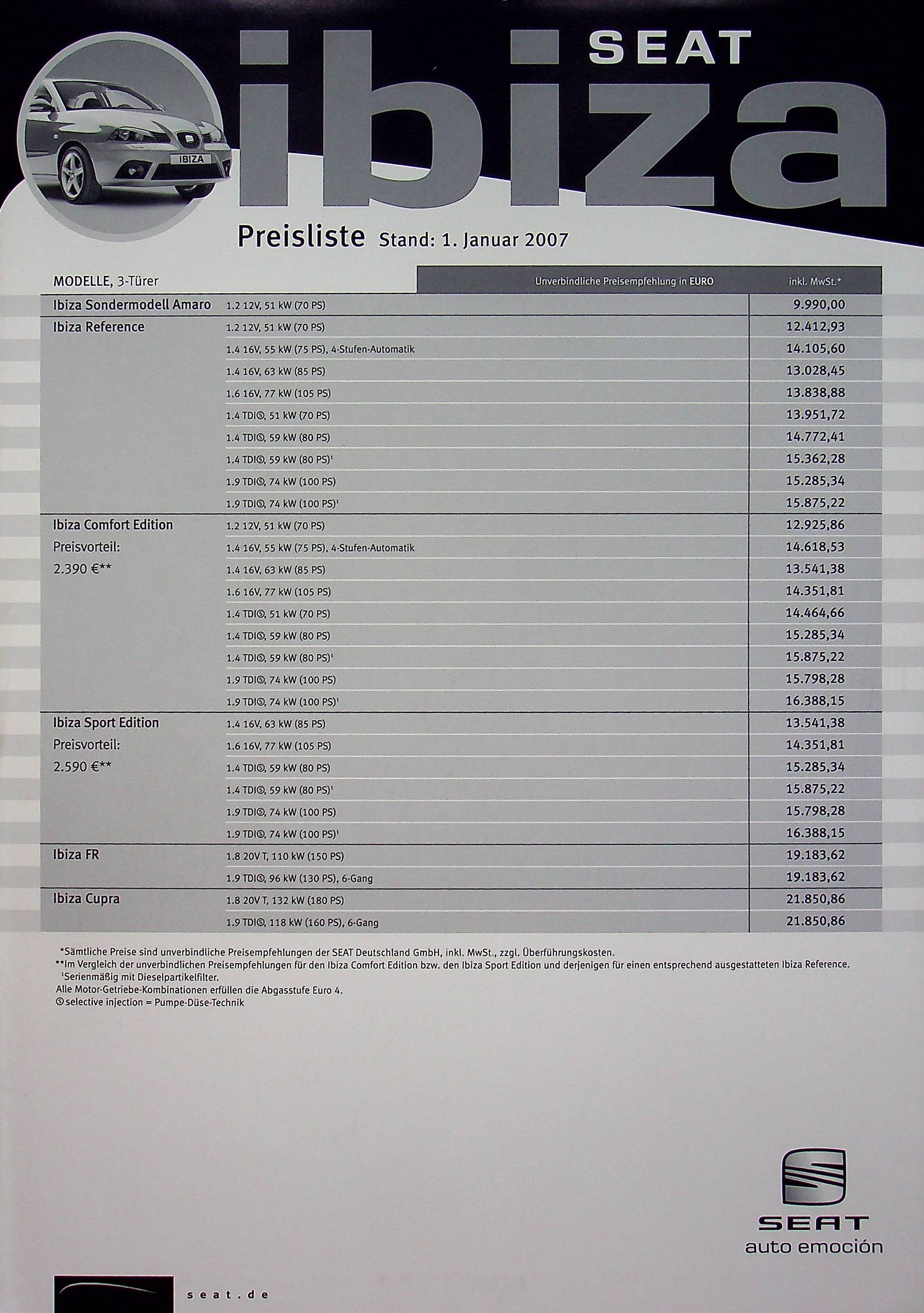 Seat Ibiza - Preisliste & Extras - Prospekt 01/2007