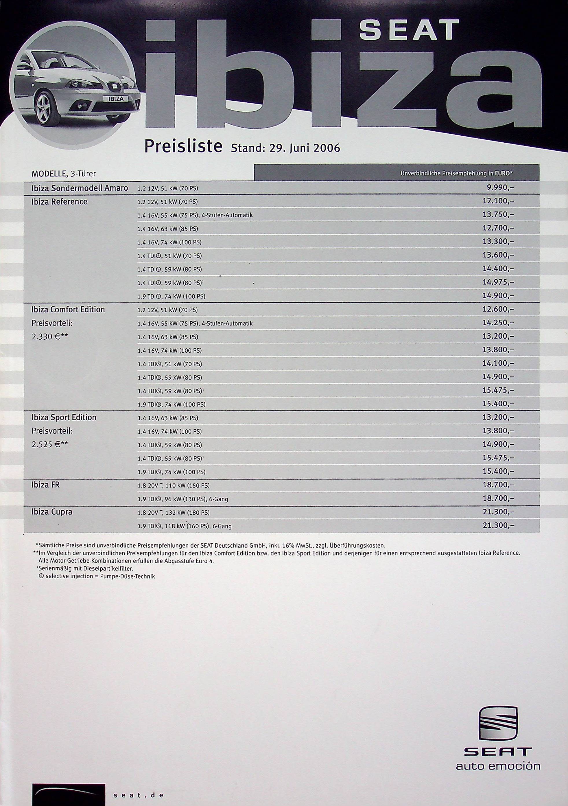 Seat Ibiza - Preisliste & Extras - Prospekt 06/2006