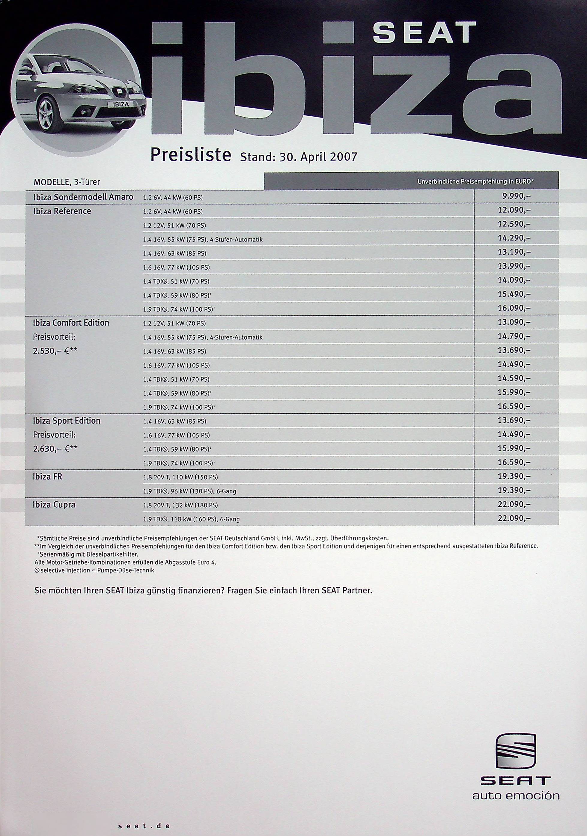Seat Ibiza - Preisliste & Extras - Prospekt 04/2007