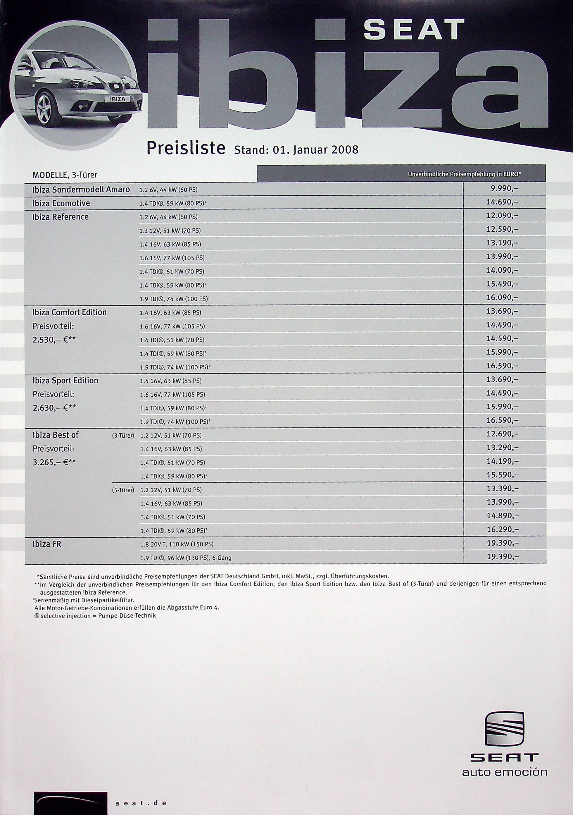 Seat Ibiza - Preisliste & Extras - Prospekt 01/2008