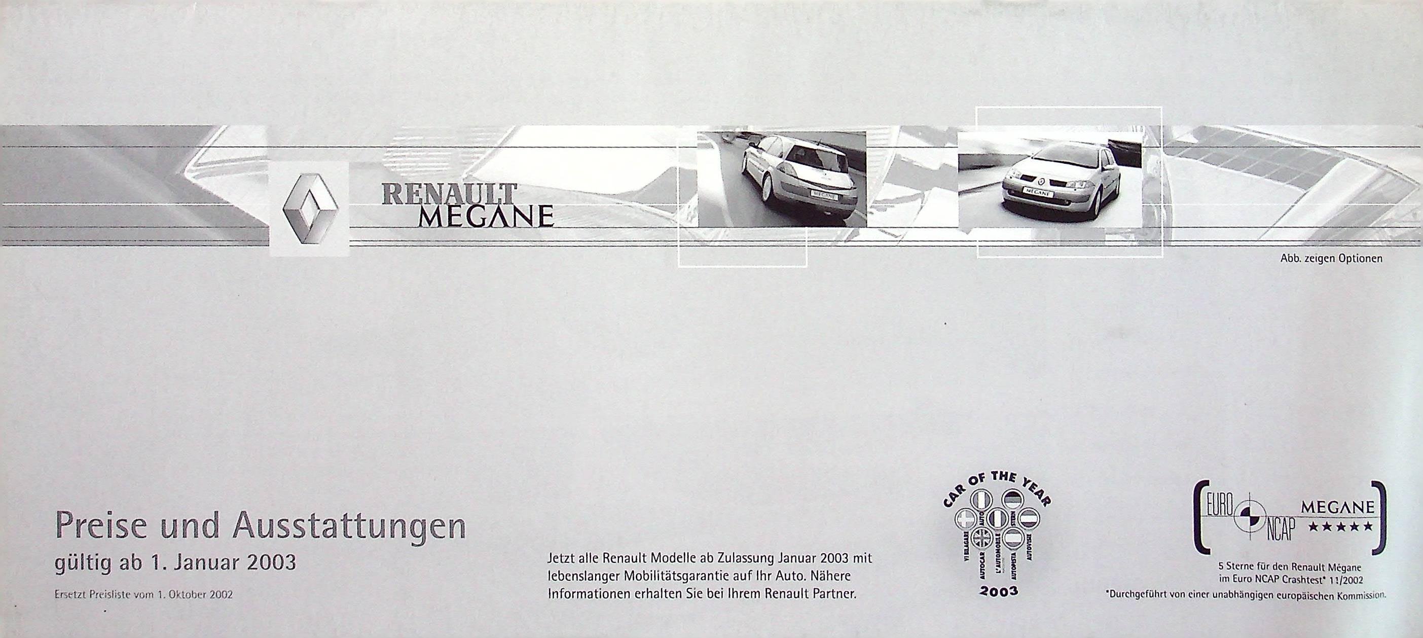 Renault Megane - Preisliste & Extras - Prospekt 01/2003