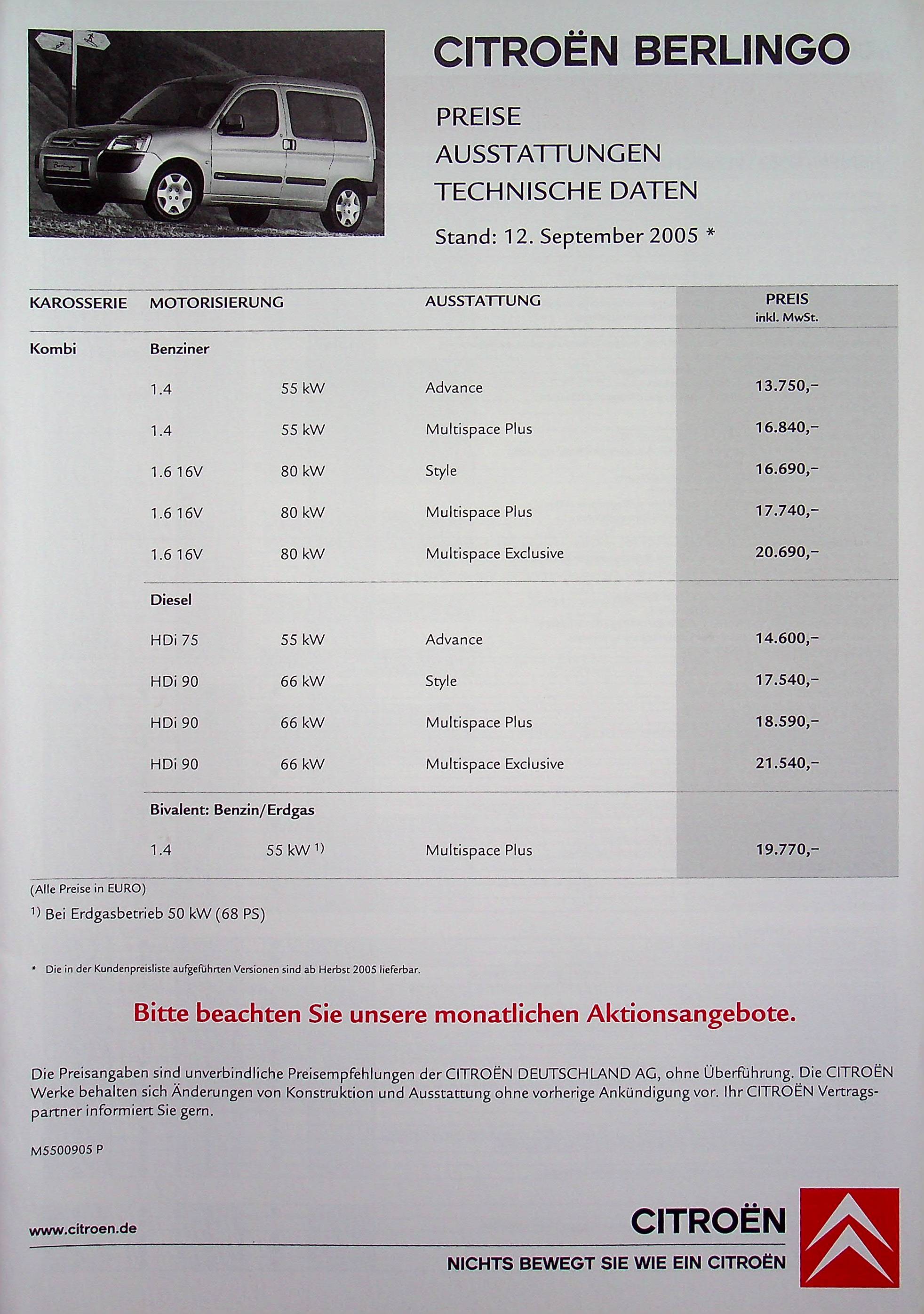 Citroen Berlingo - Preisliste & Extras - Prospekt 09/2005