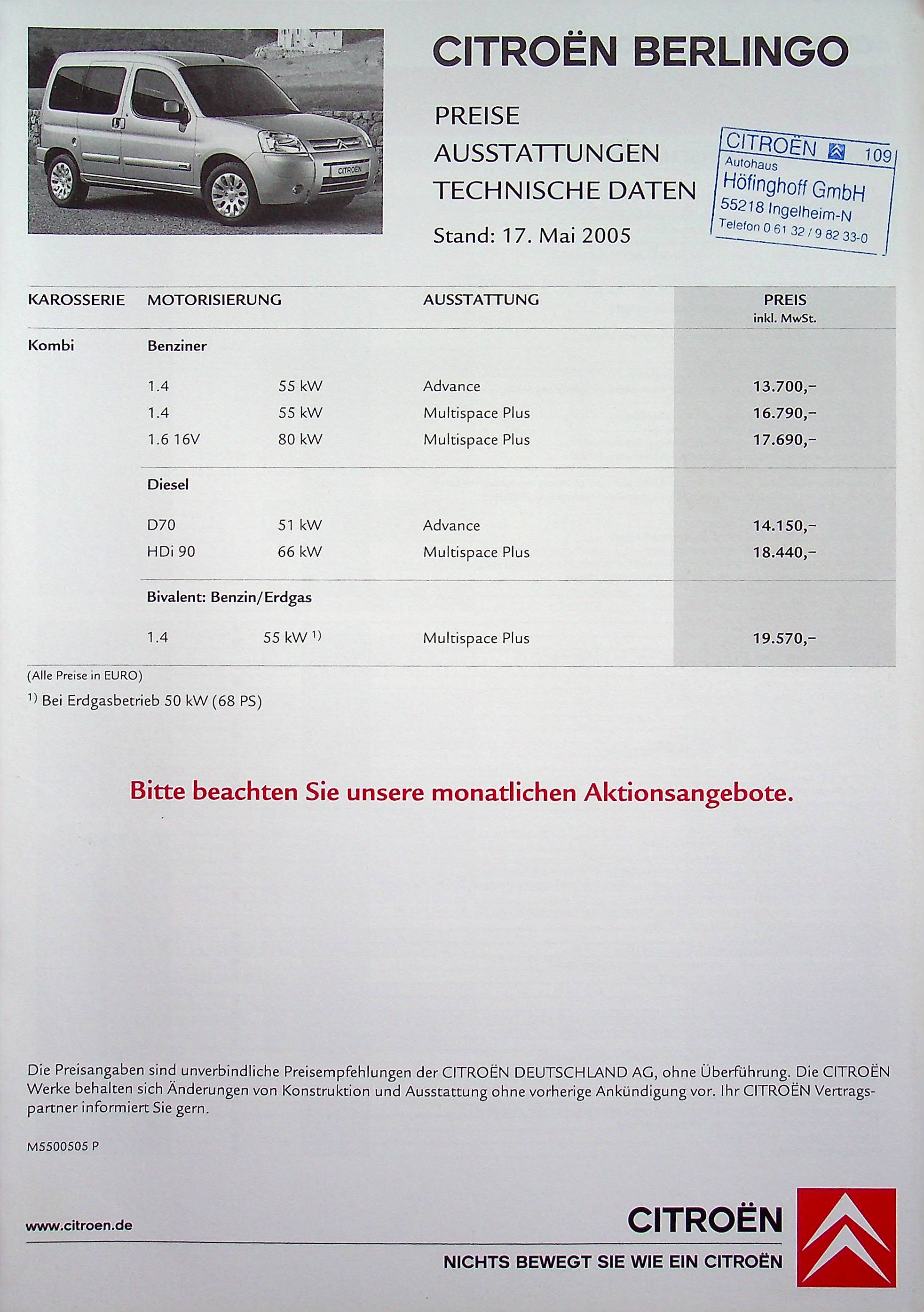 Citroen Berlingo - Preisliste & Extras - Prospekt 05/2005