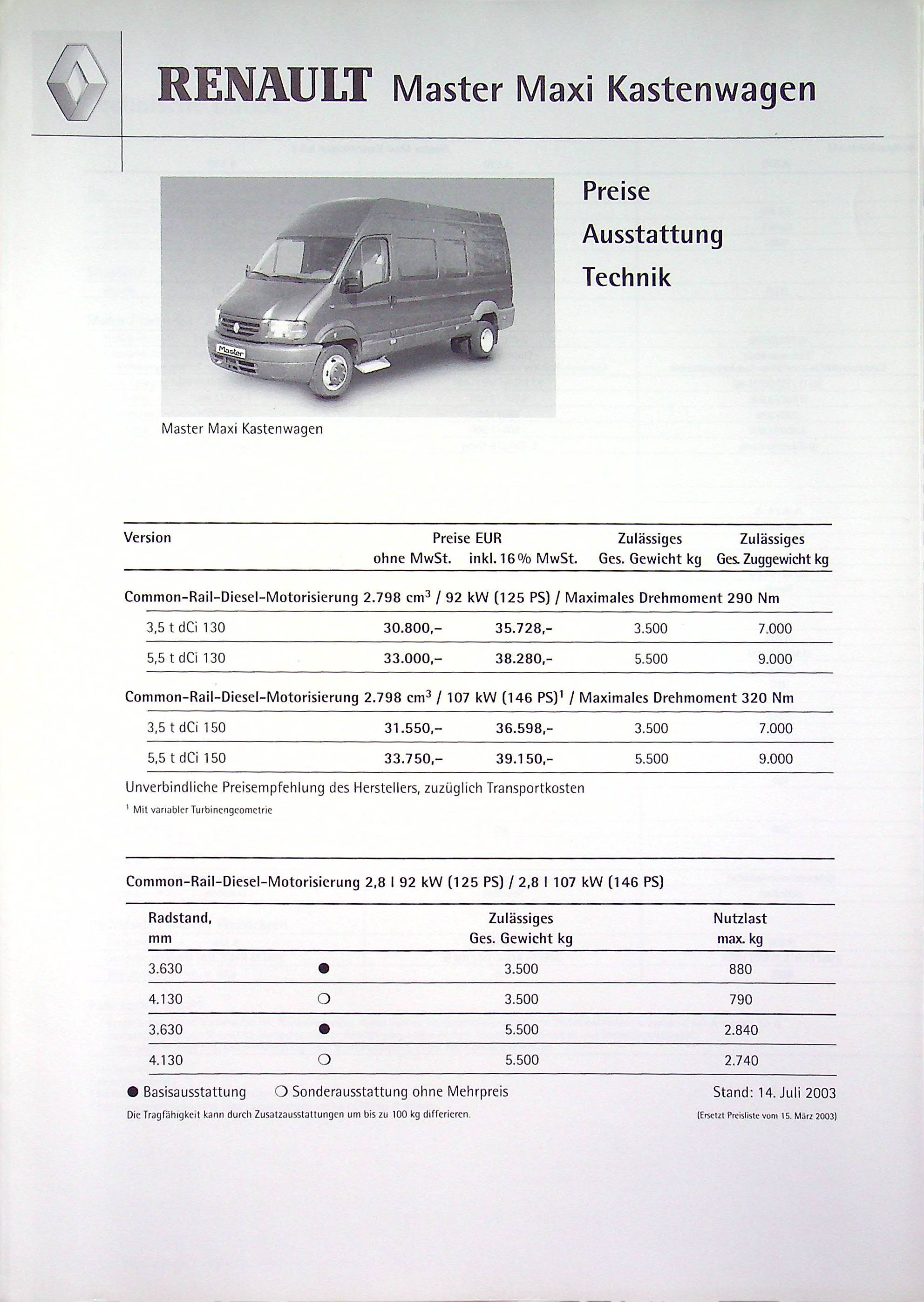 Renault Master Maxi Kasten - Preise & Extras - Prospekt 07/2003