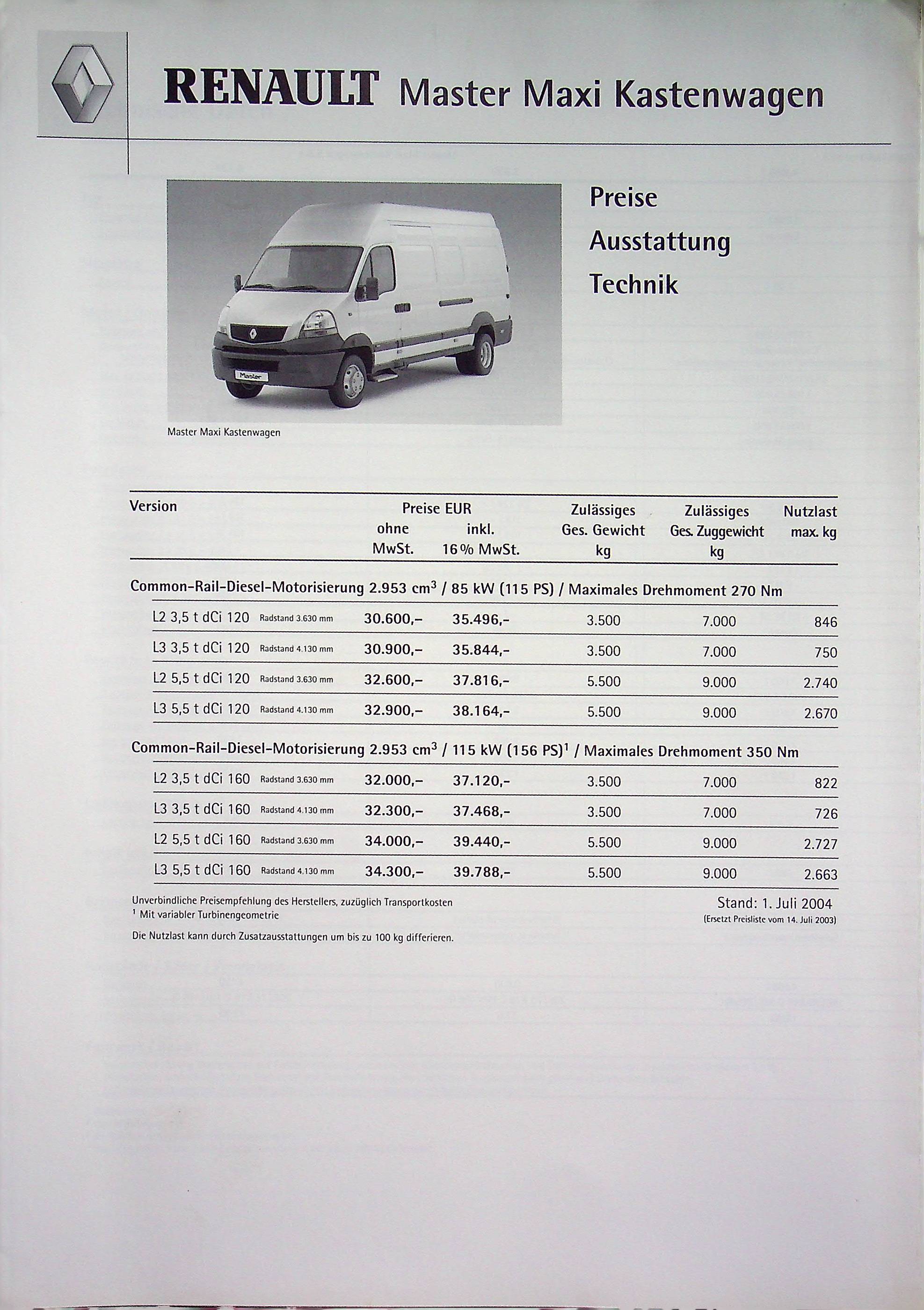 Renault Master Maxi Kasten - Preise & Extras - Prospekt 07/2004