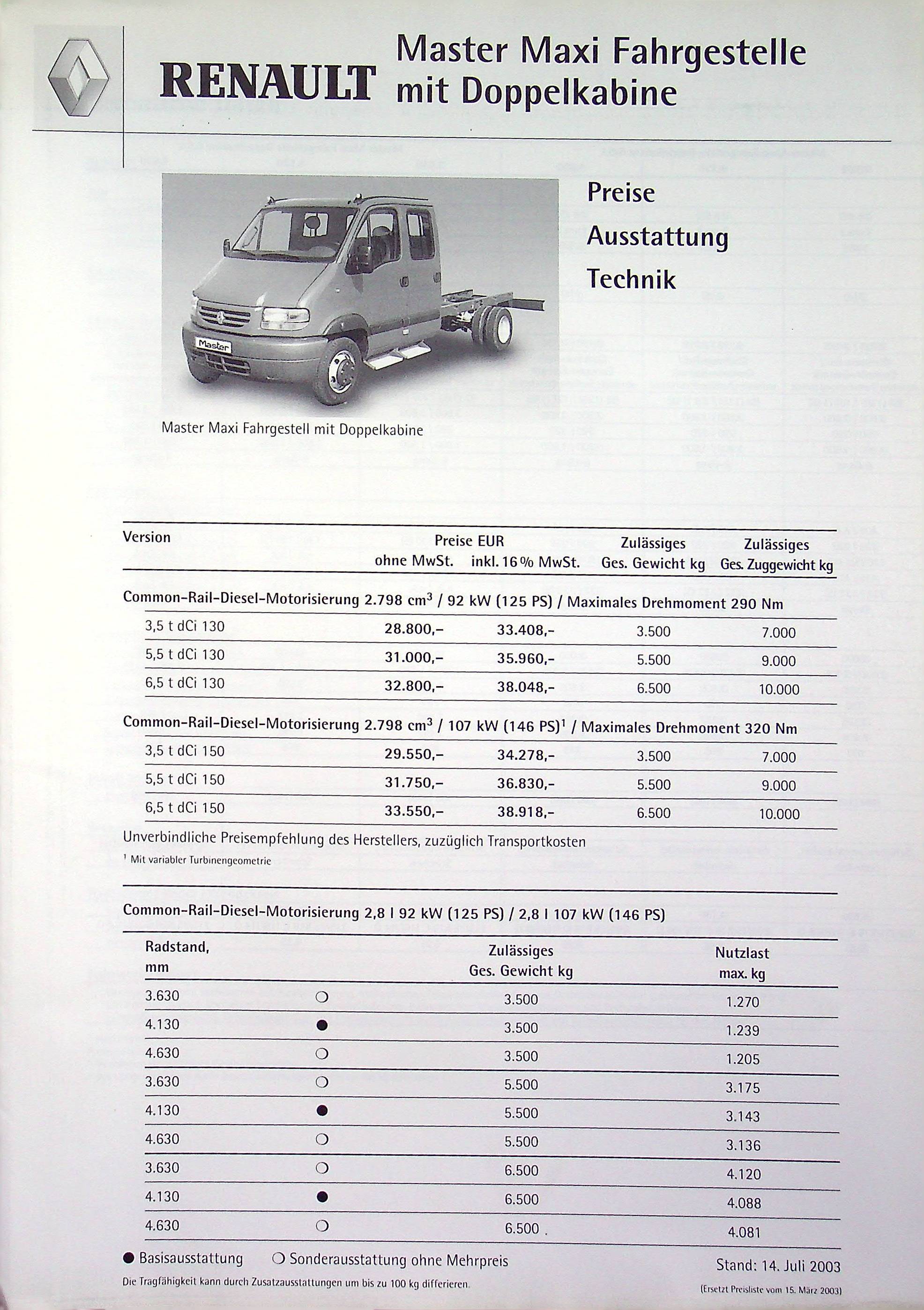Renault Master Maxi Fahrgestell - Preise & Extras - Prospekt 07/2003