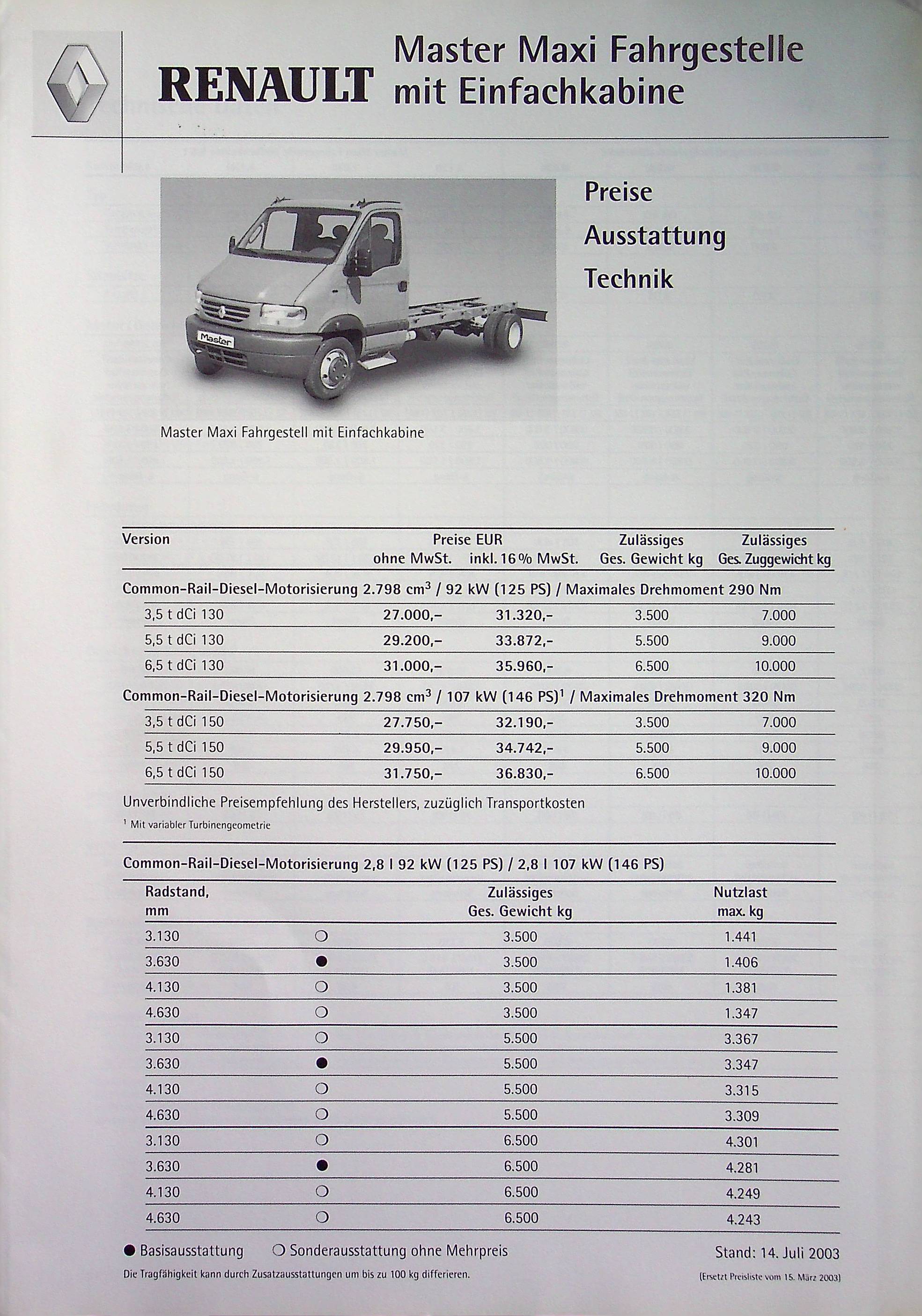 Renault Master Maxi Fahrgestell - Preise & Extras - Prospekt 07/2003