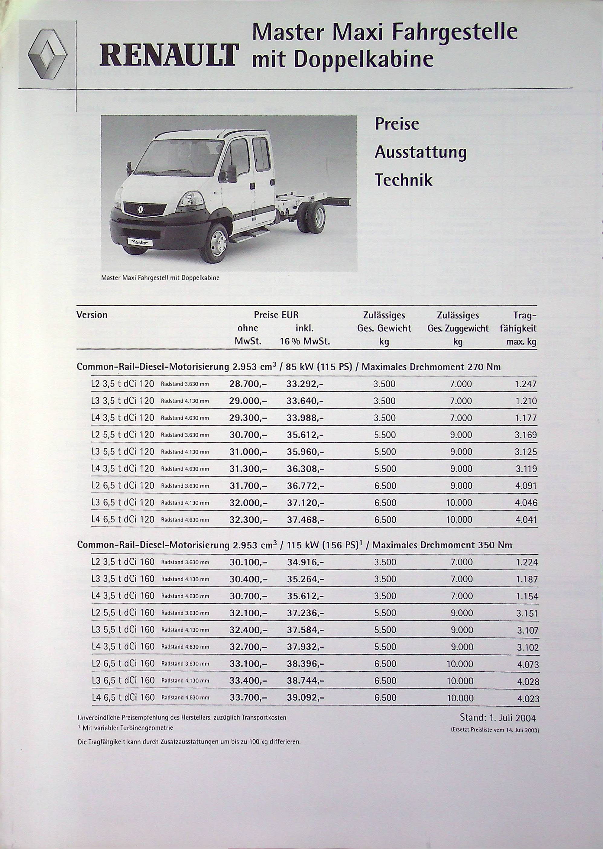 Renault Master Maxi Fahrgestell - Preise & Extras - Prospekt 07/2004