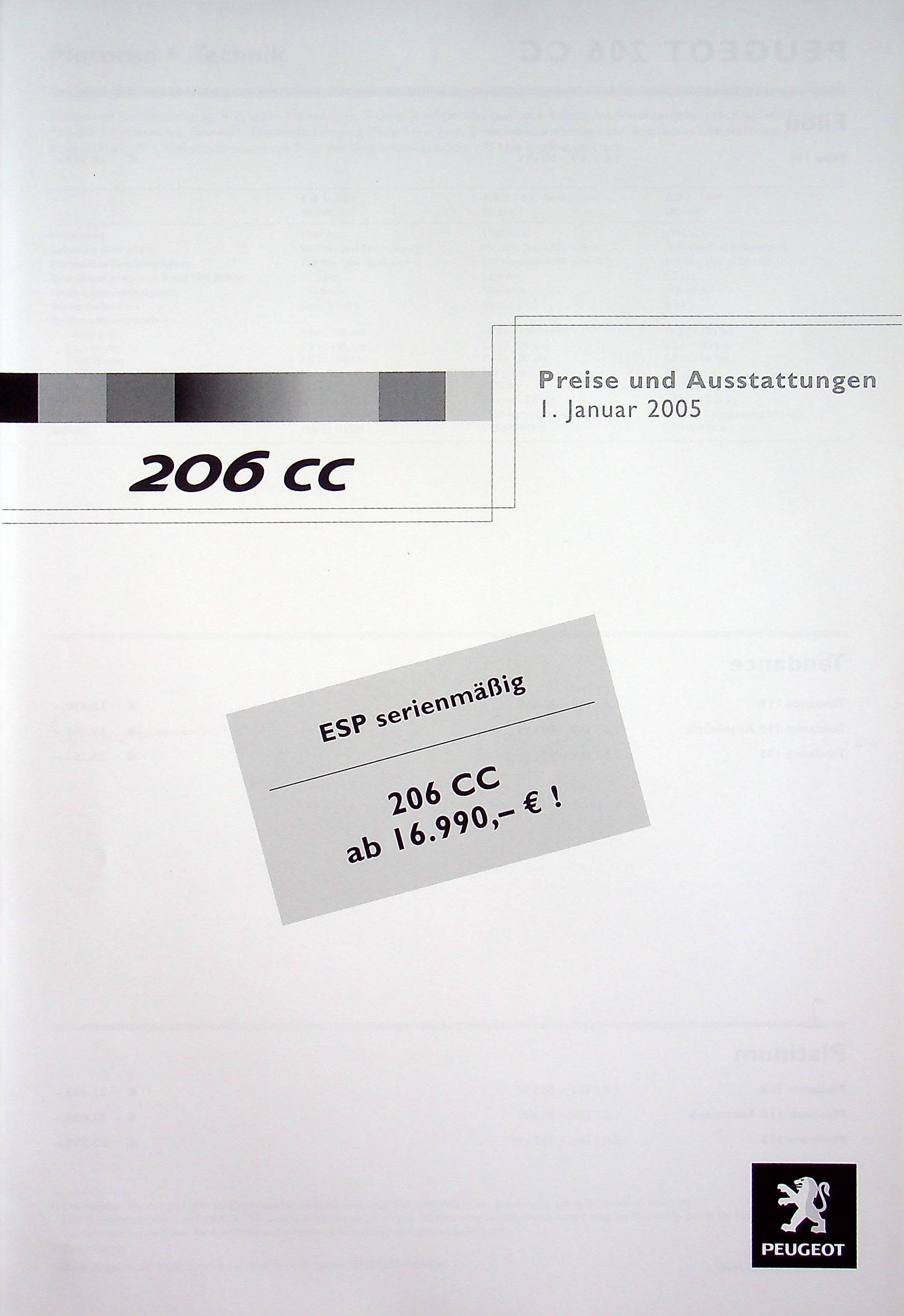 Peugeot 206 CC - Preisliste & Extras - Prospekt 01/2005