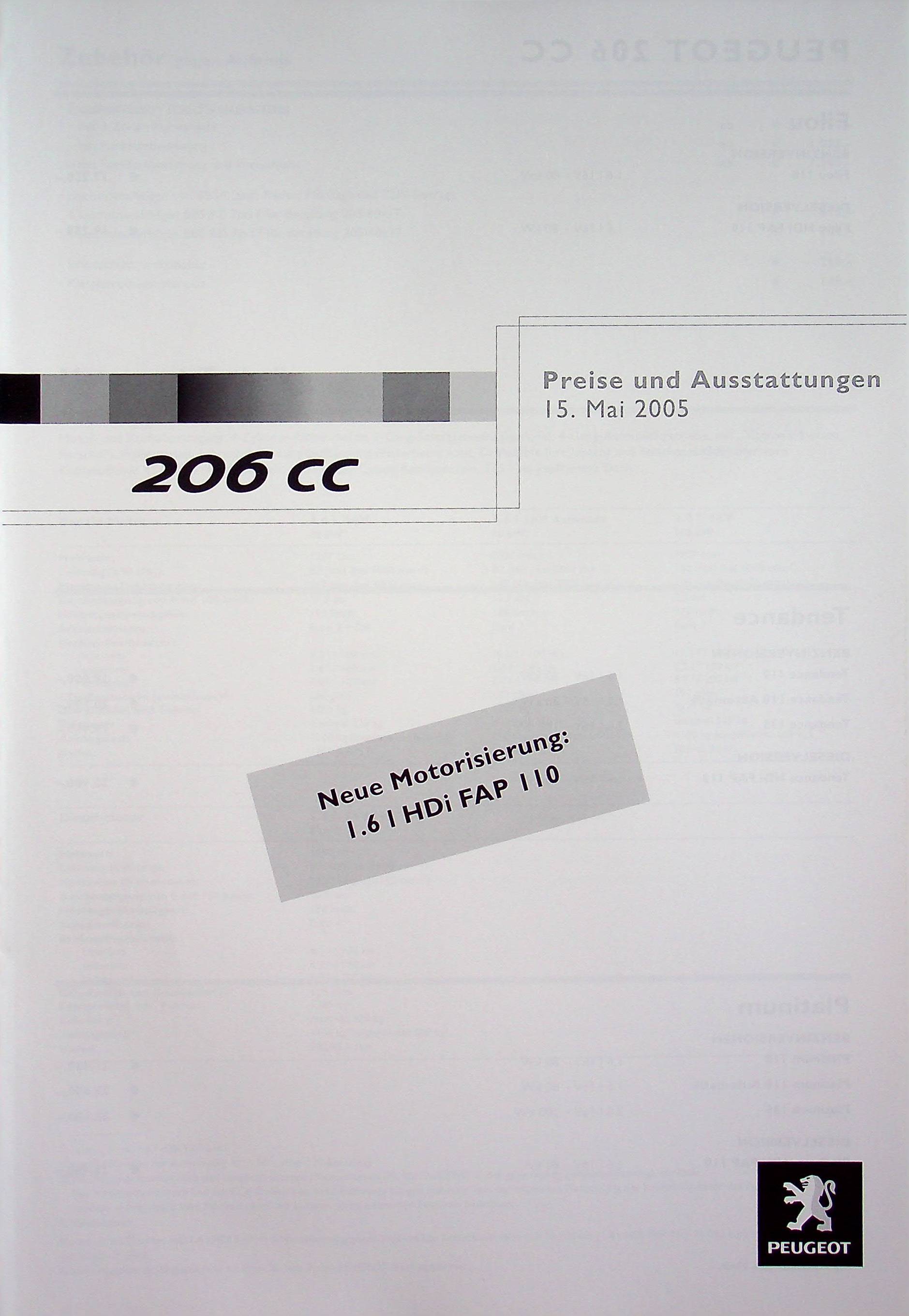 Peugeot 206 CC - Preisliste & Extras - Prospekt 05/2005
