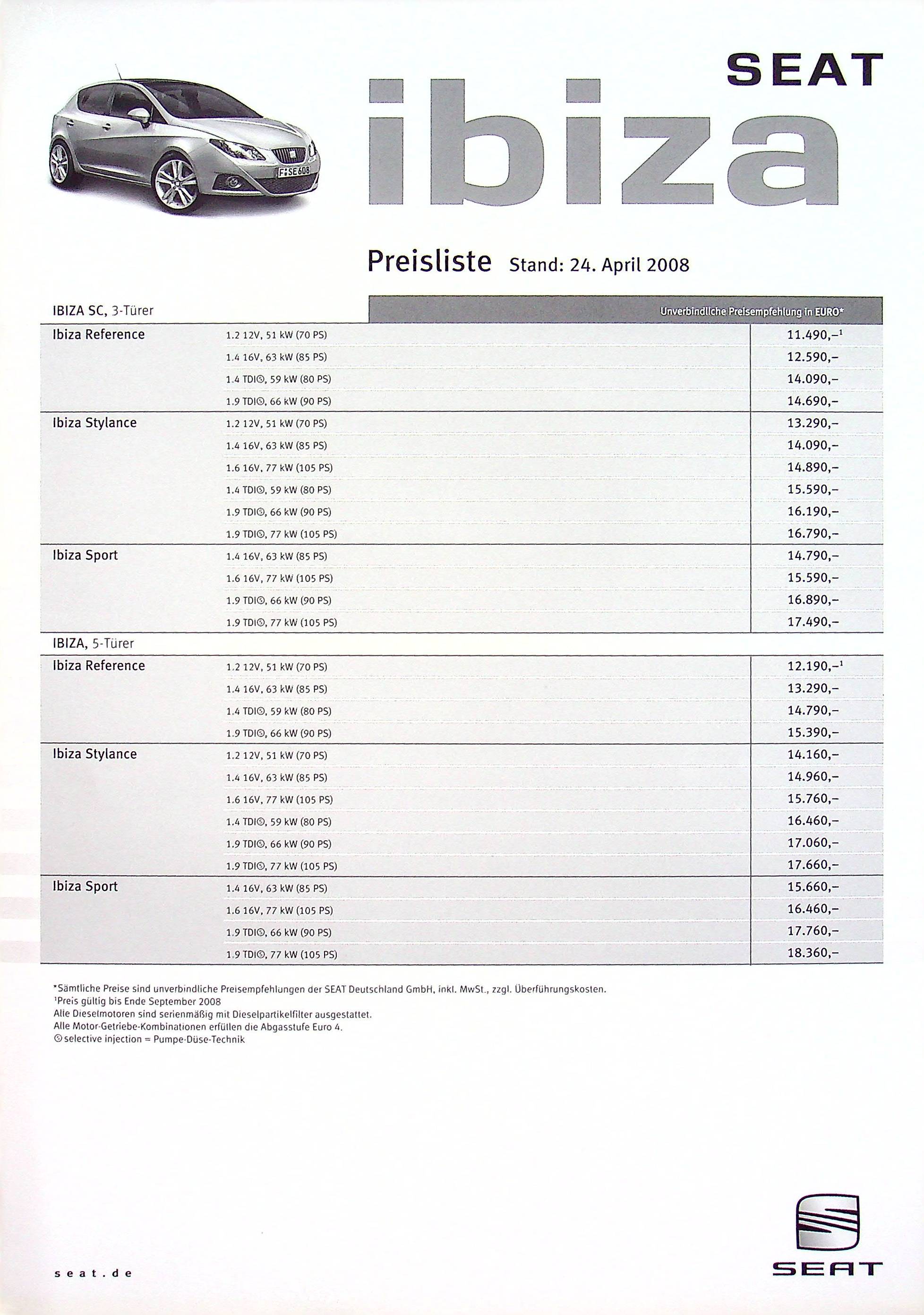 Seat Ibiza - Preisliste & Extras - Prospekt 04/2008