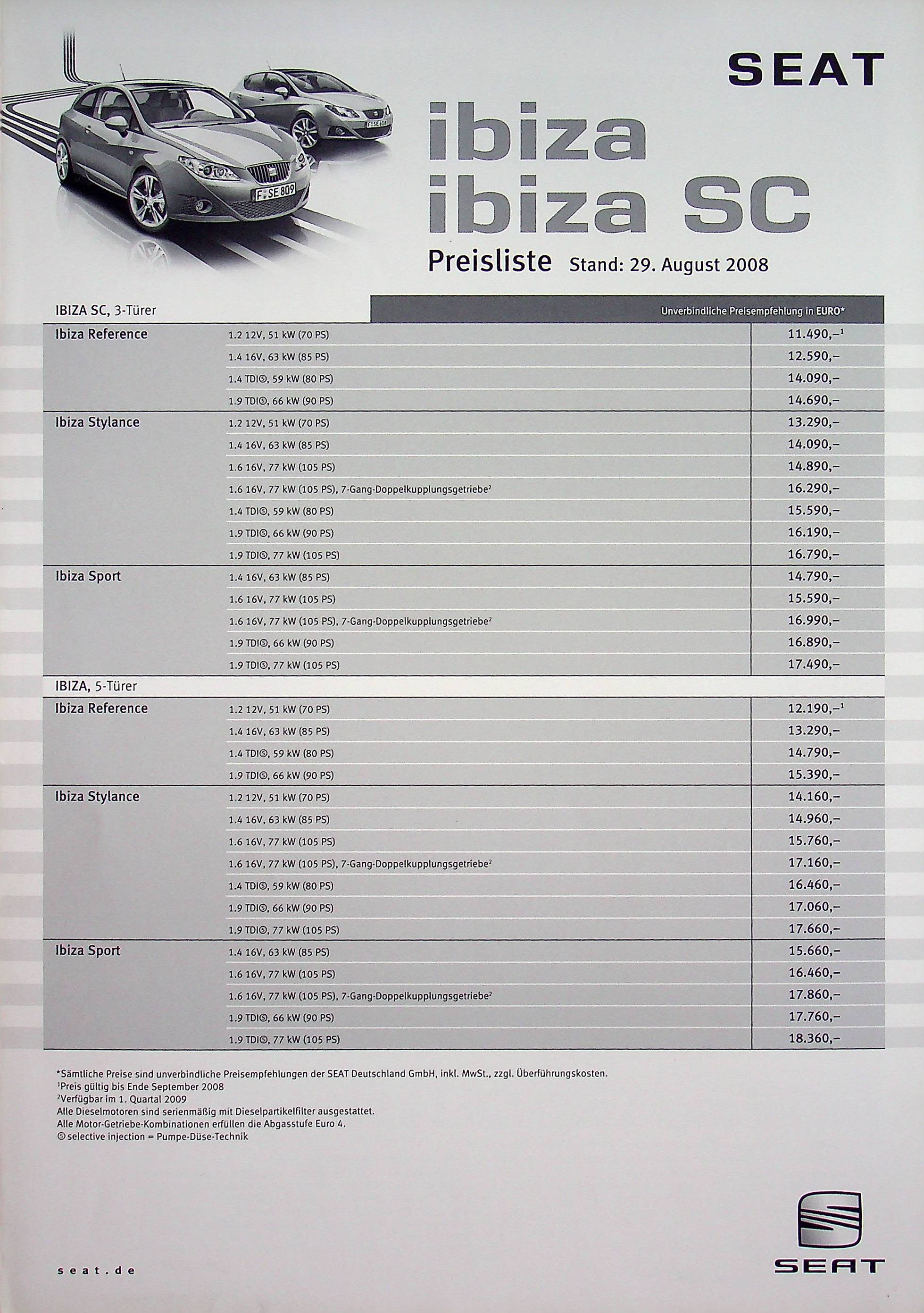 Seat Ibiza + SC - Preisliste & Extras - Prospekt 08/2008
