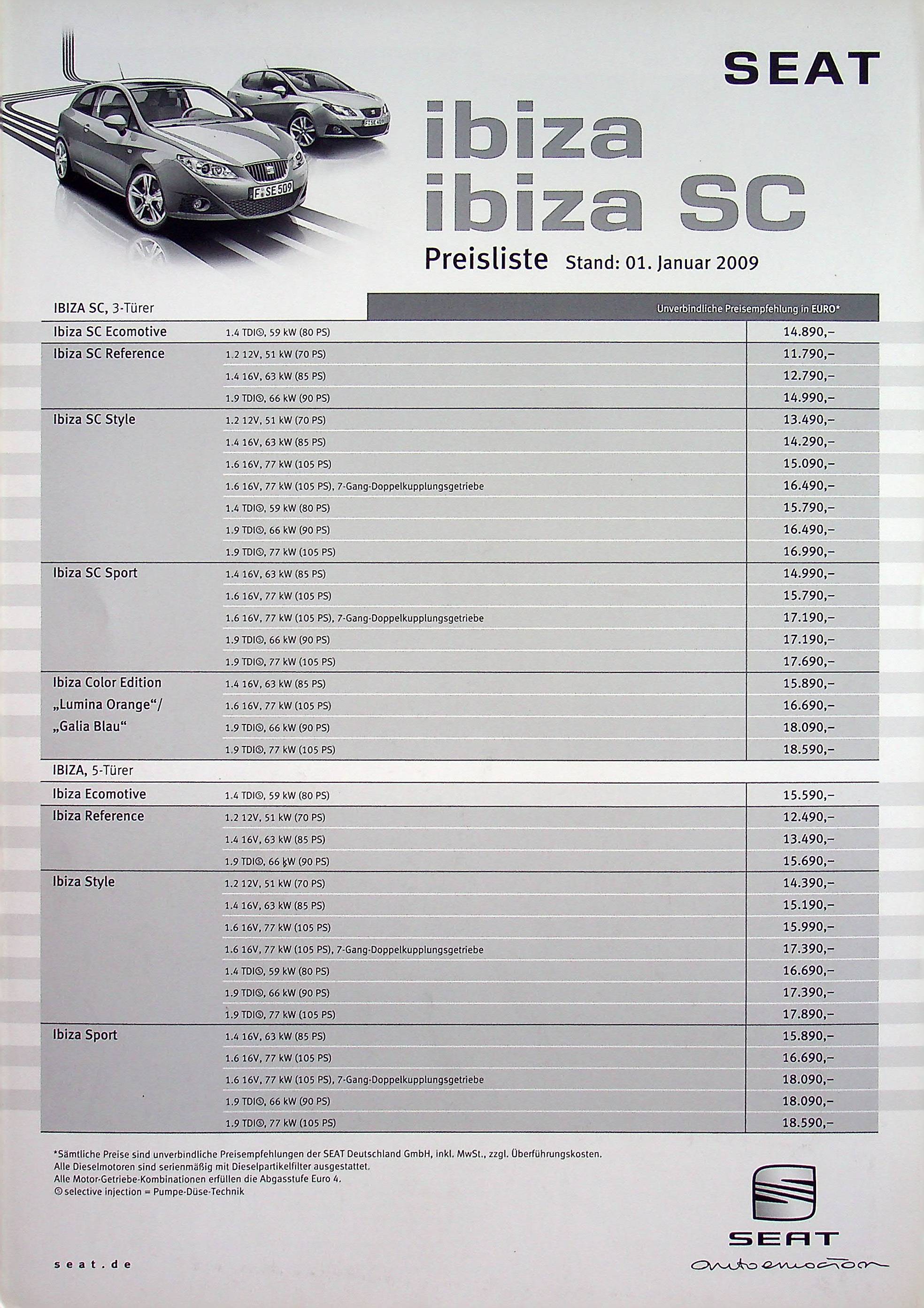 Seat Ibiza + SC - Preisliste & Extras - Prospekt 01/2009