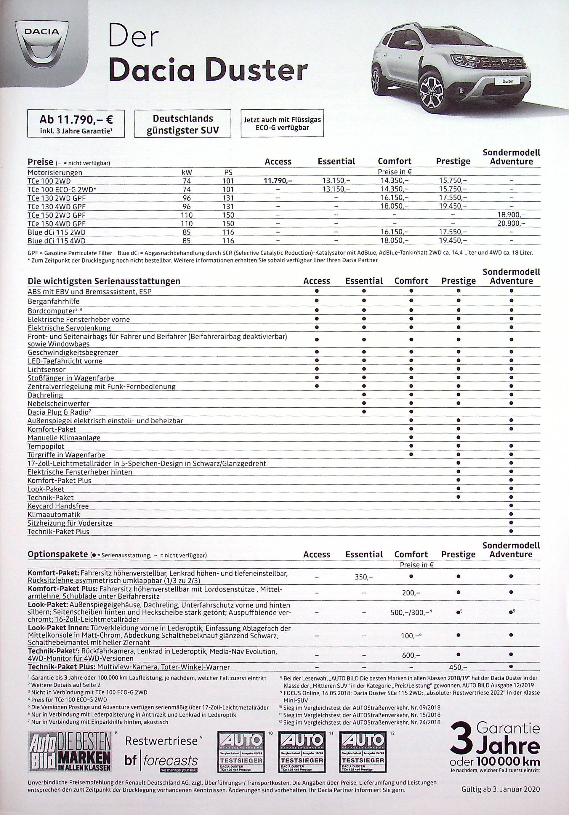 Dacia Duster - Preisliste & Extras - Prospekt 01/2020