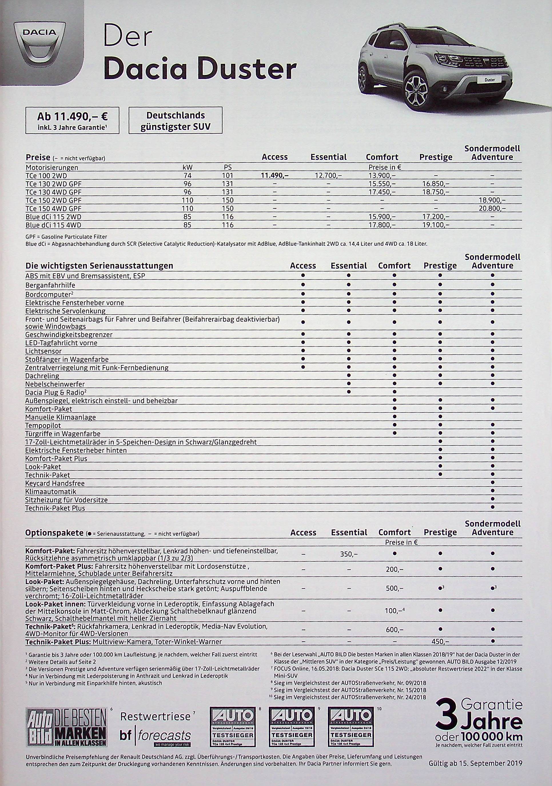 Dacia Duster - Preisliste & Extras - Prospekt 09/2019