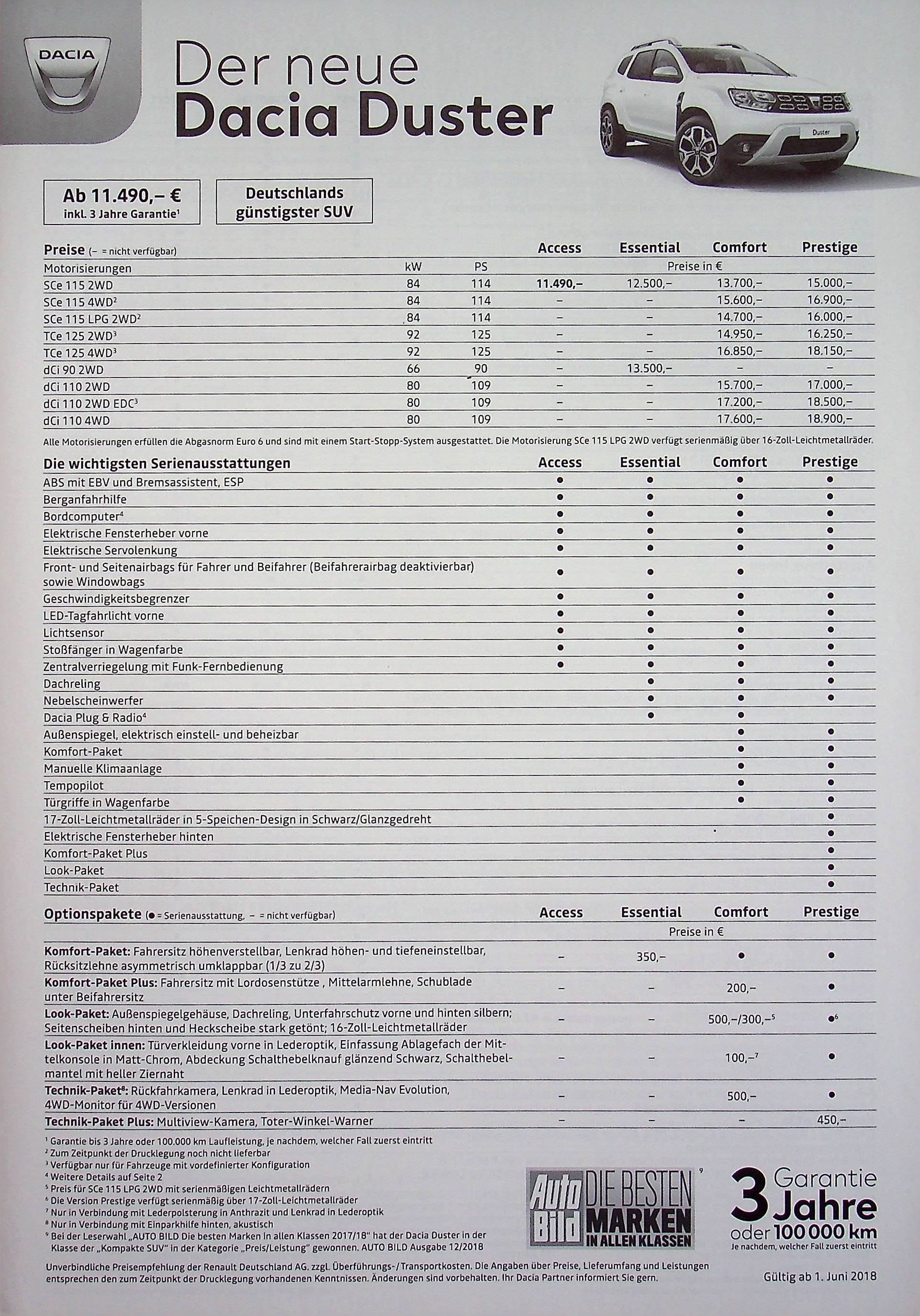Dacia Duster - Preisliste & Extras - Prospekt 06/2018