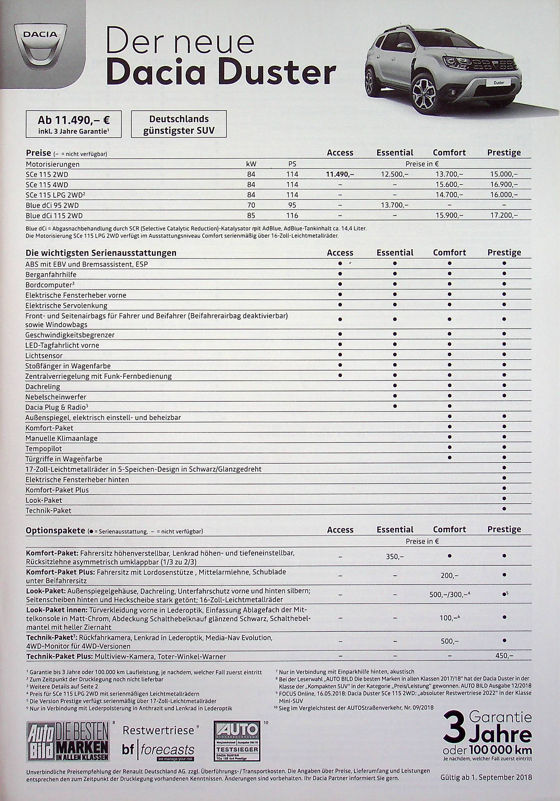 Dacia Duster - Preisliste & Extras - Prospekt 09/2018