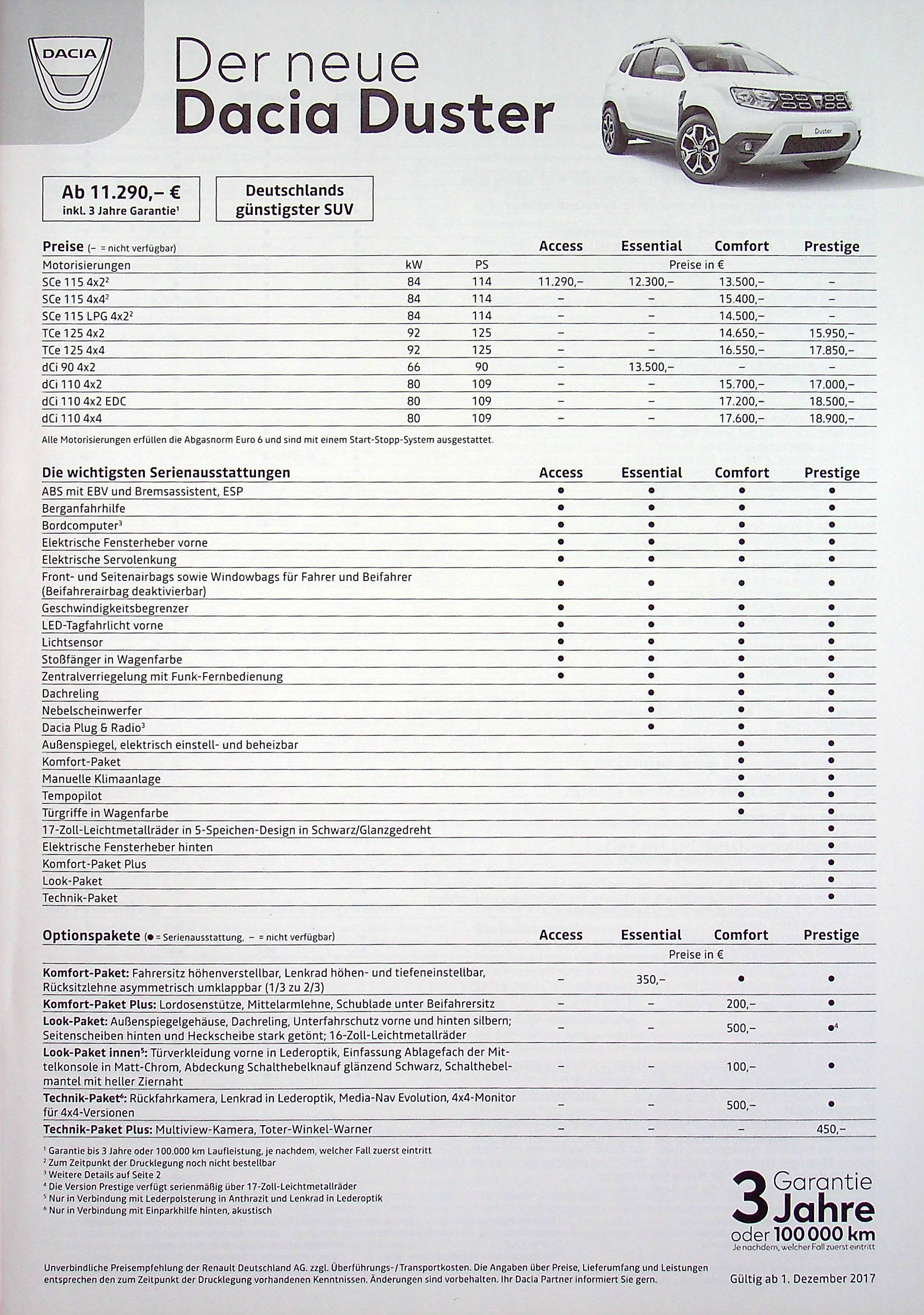 Dacia Duster - Preisliste & Extras - Prospekt 12/2017