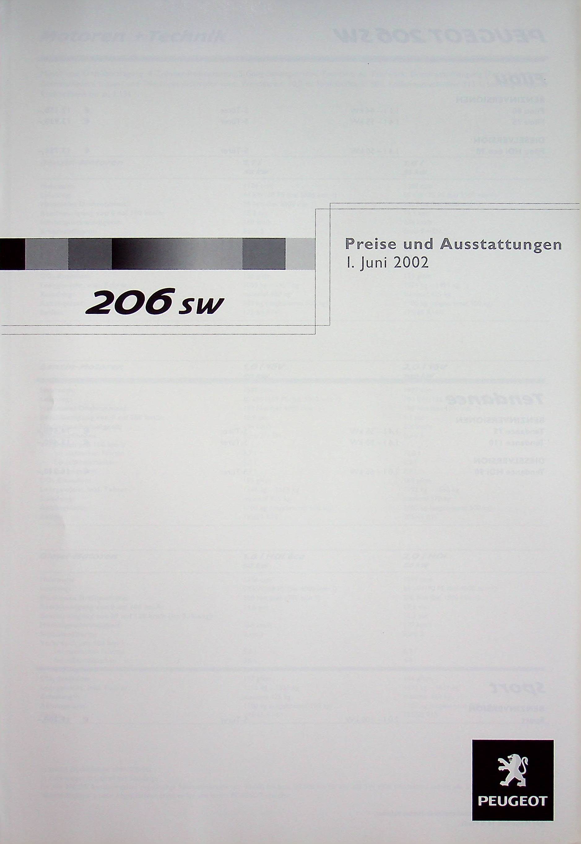 Peugeot 206 SW - Preisliste & Extras - Prospekt 06/2002