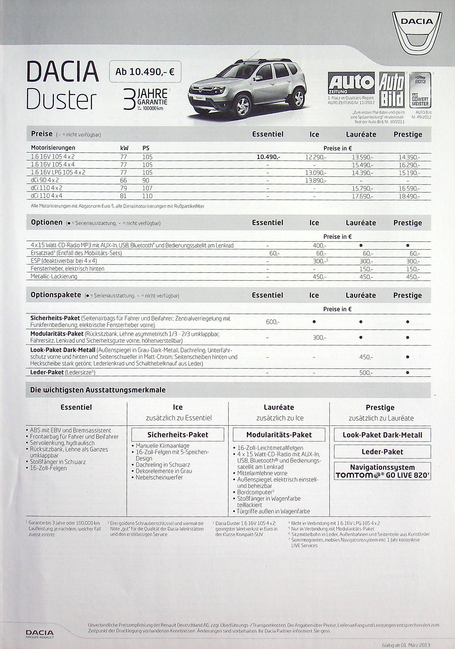 Dacia Duster - Preisliste & Extras - Prospekt 03/2013