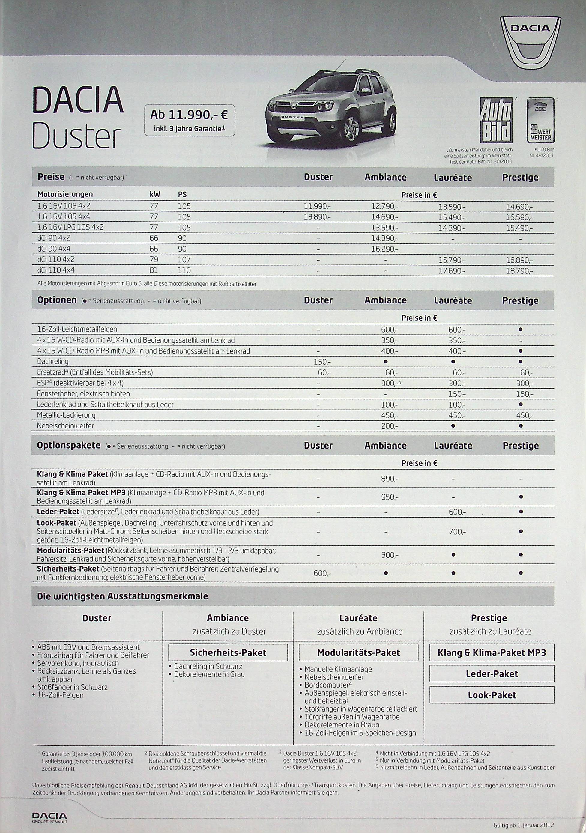 Dacia Duster - Preisliste & Extras - Prospekt 01/2012